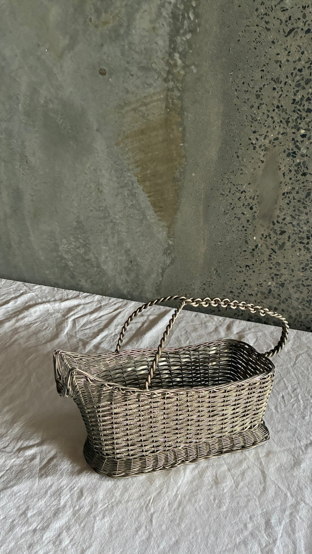 VINTAGE SILVER PLATED WOVEN WINE BASKET 1960