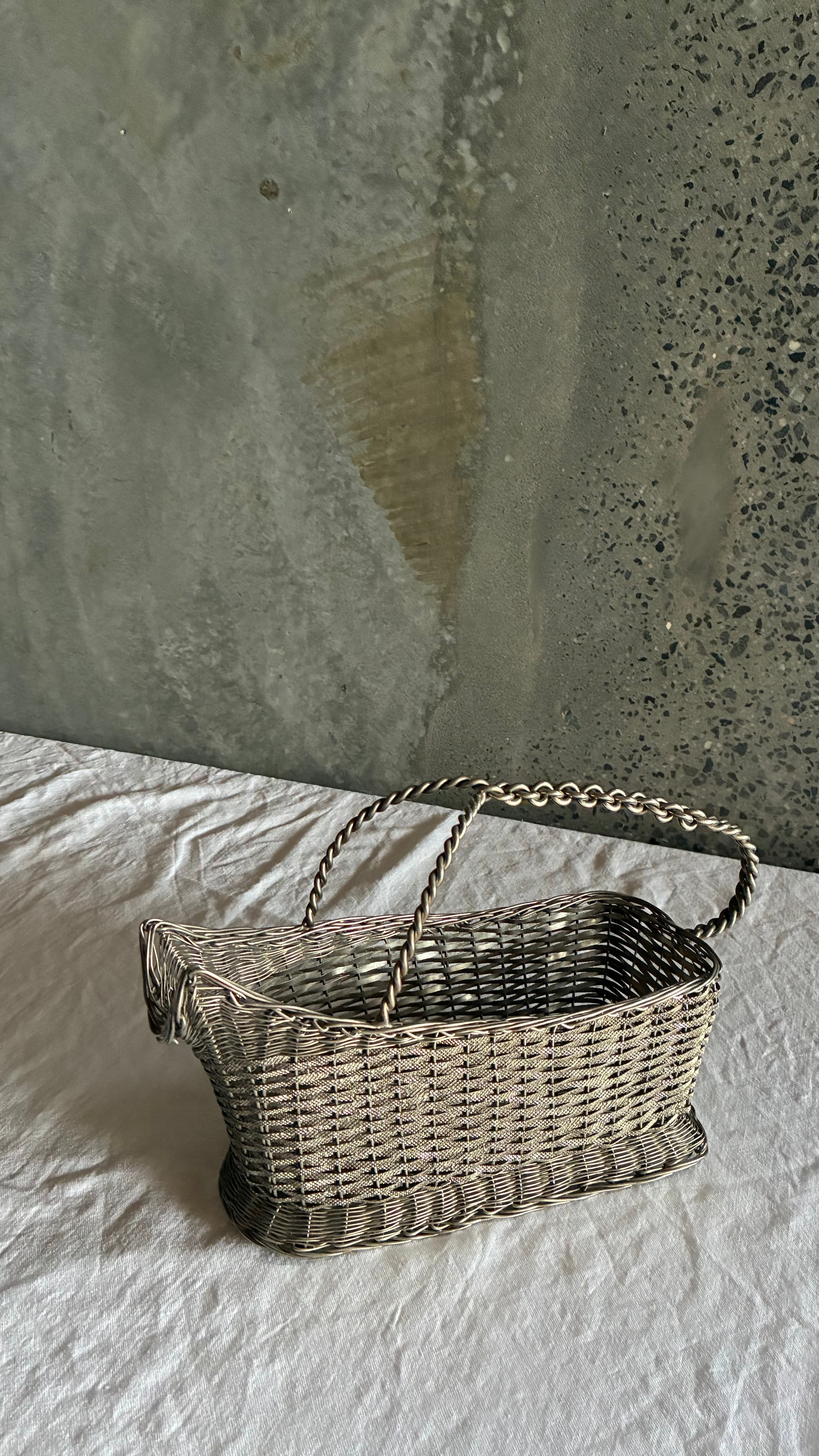 VINTAGE SILVER PLATED WOVEN WINE BASKET 1960