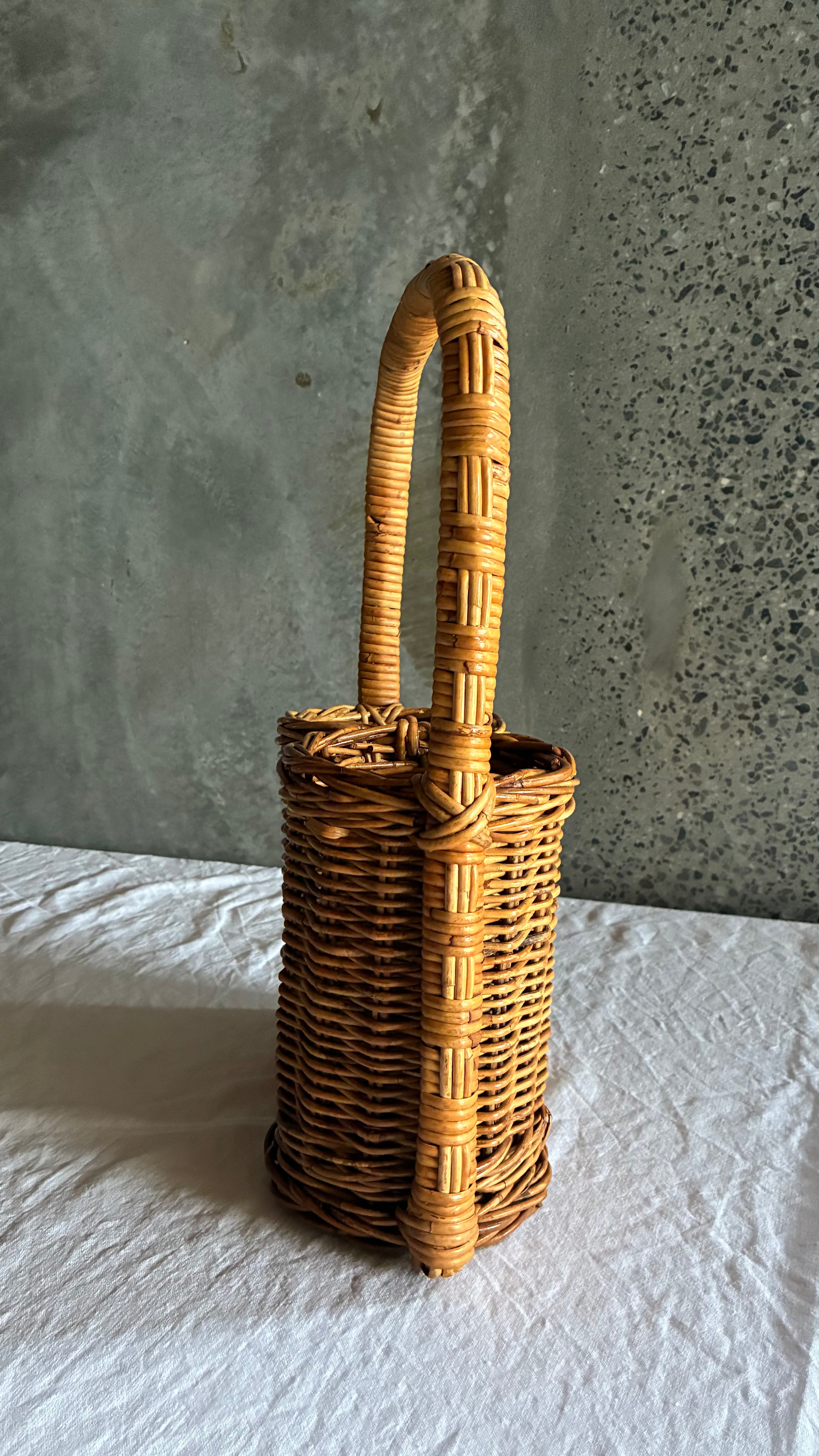 VINTAGE RATTAN DOUBLE WINE CARRIER 1980s