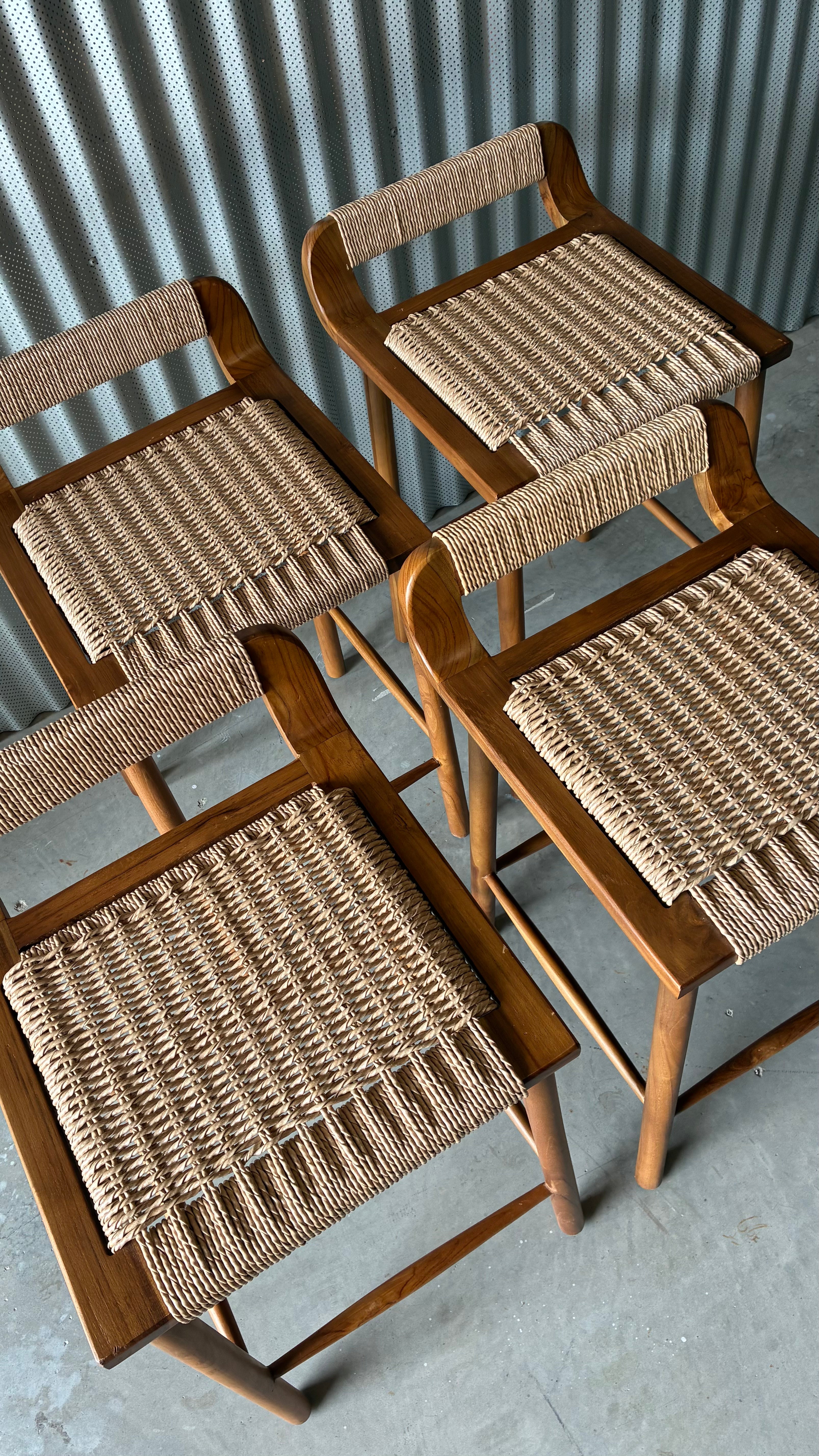 TEAK AND WOVEN CORD COUNTER STOOLS (SET OF 4)