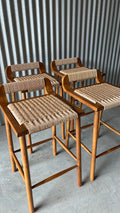 TEAK AND WOVEN CORD COUNTER STOOLS (SET OF 4)