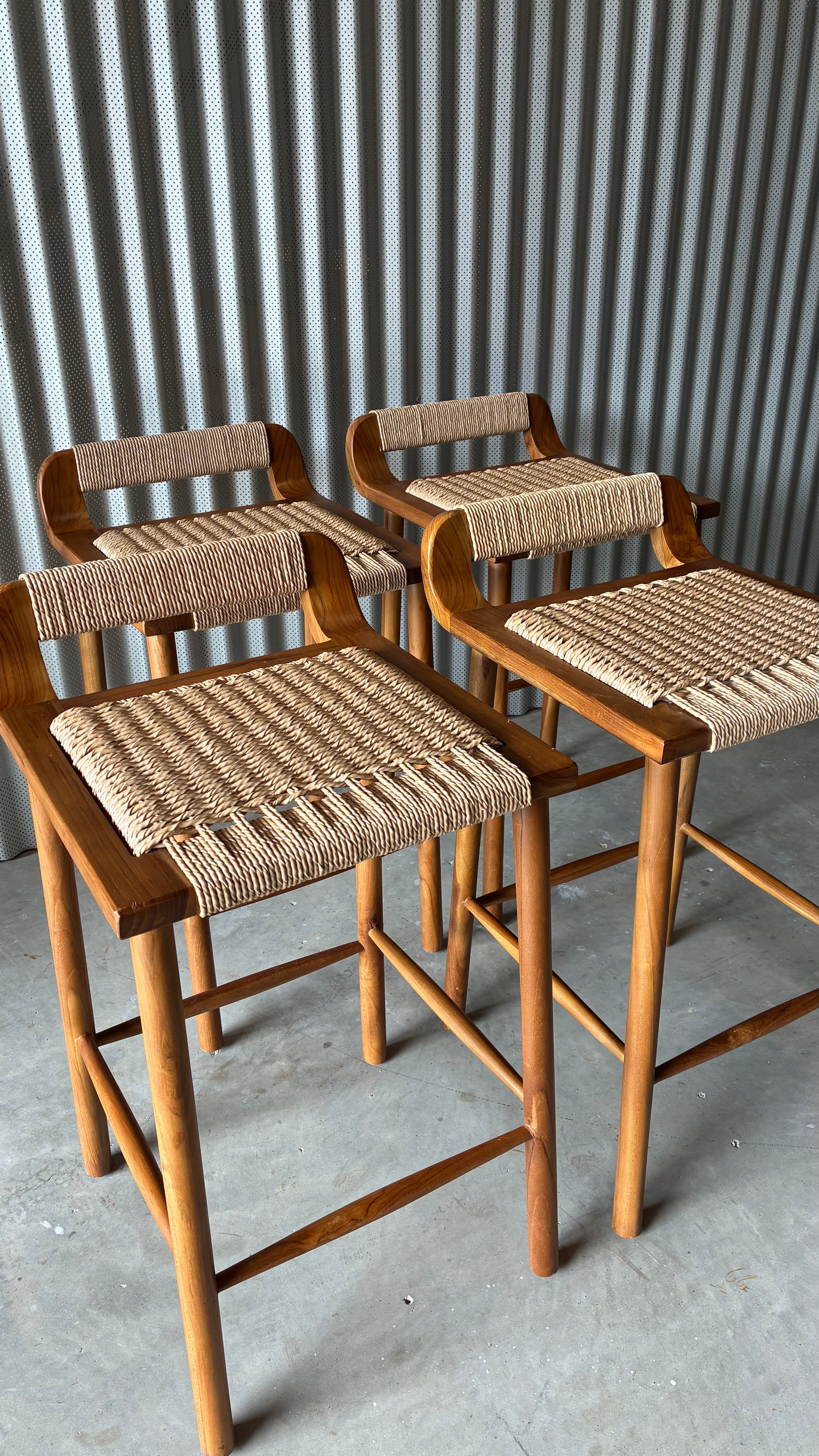 TEAK AND WOVEN CORD COUNTER STOOLS (SET OF 4)