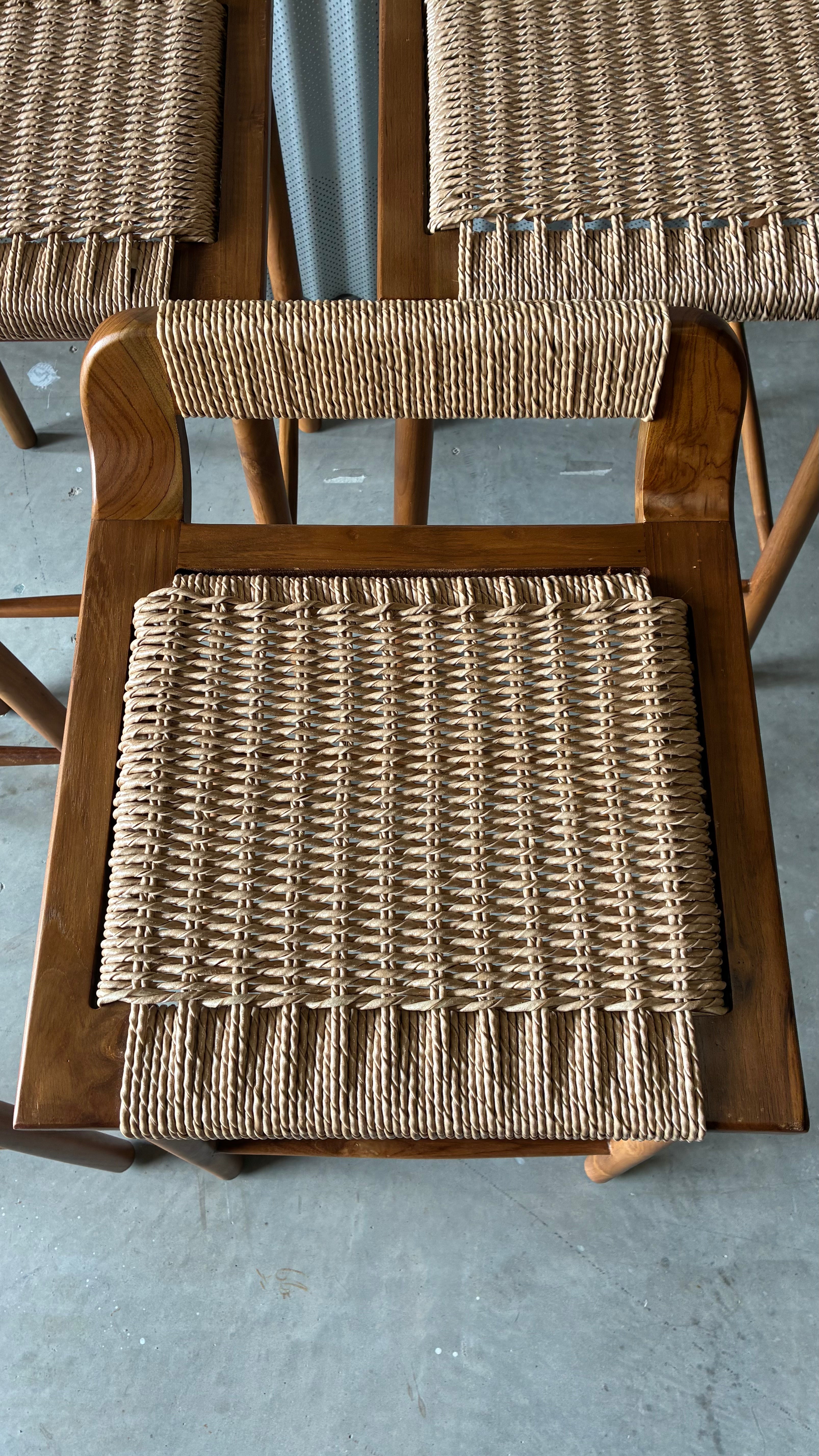 TEAK AND WOVEN CORD COUNTER STOOLS (SET OF 4)