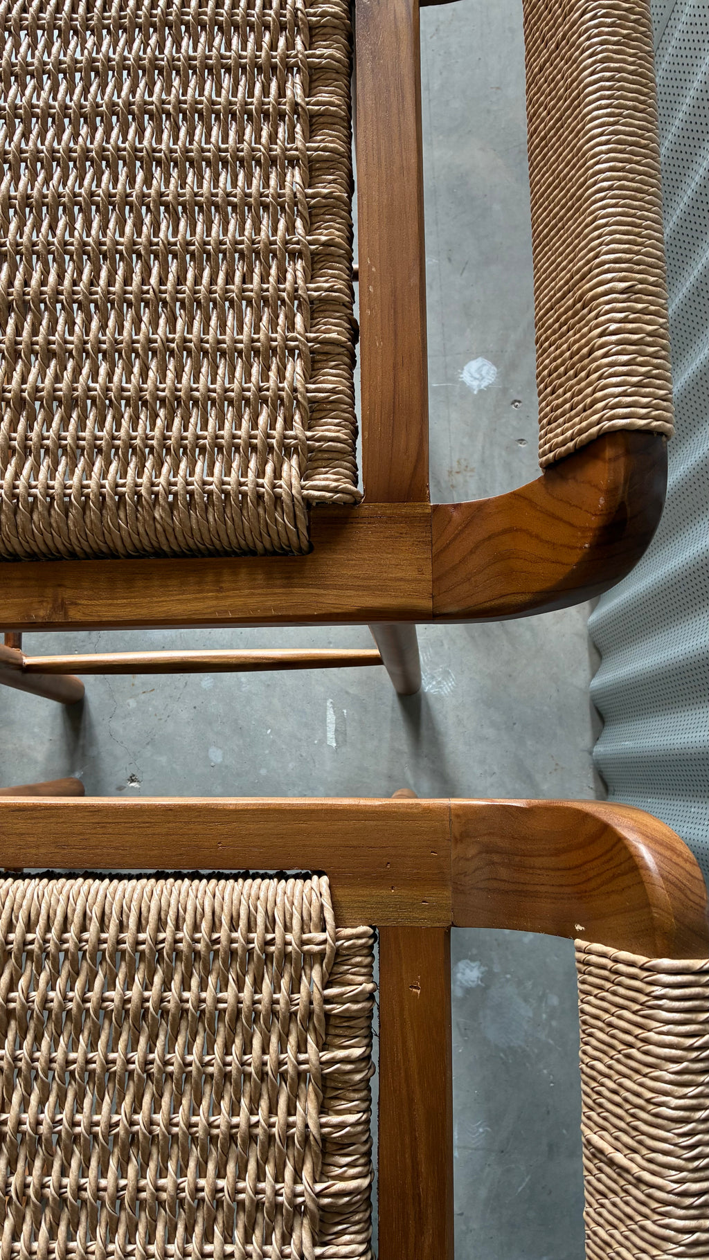 TEAK AND WOVEN CORD COUNTER STOOLS (SET OF 4)