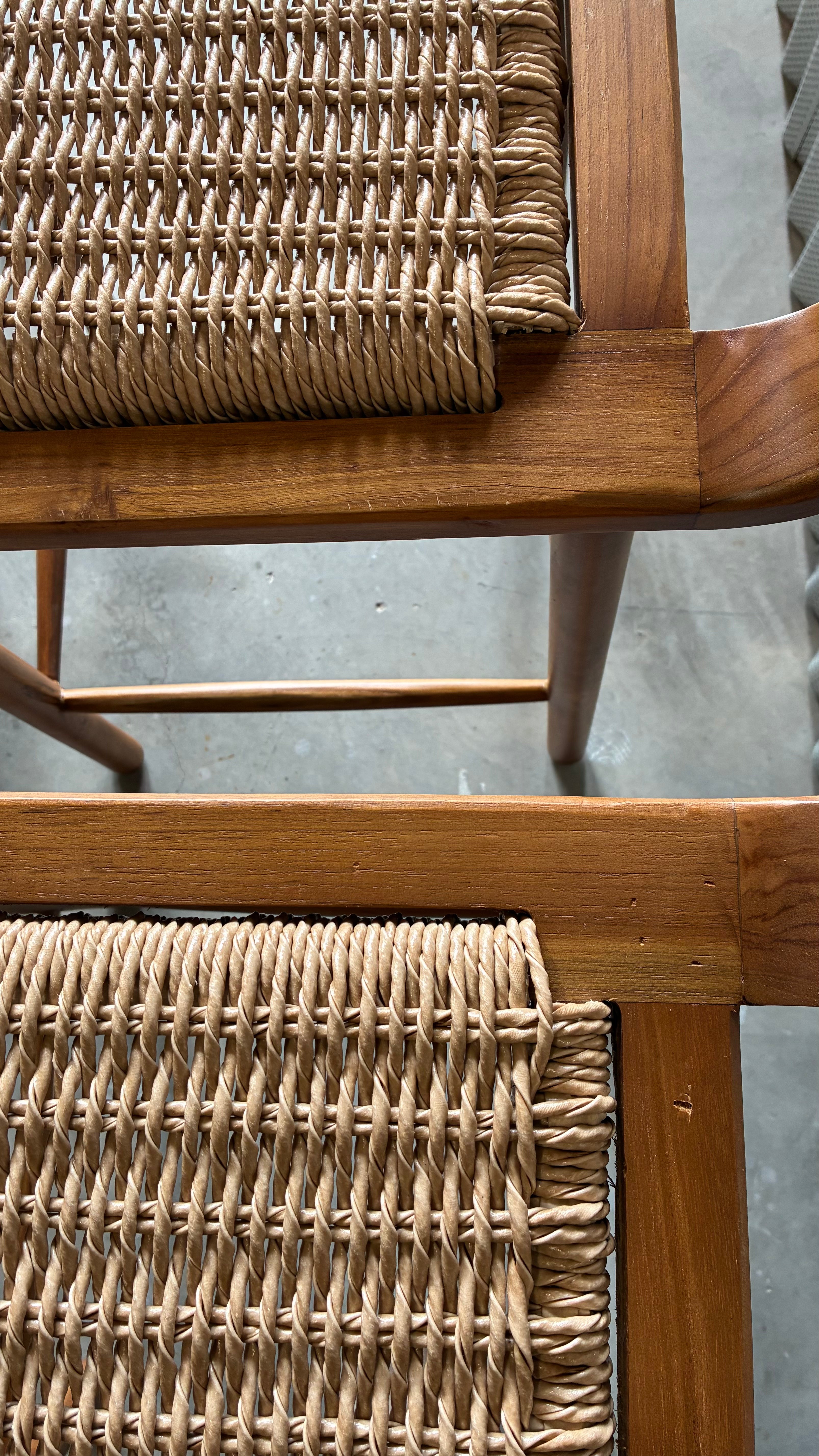 TEAK AND WOVEN CORD COUNTER STOOLS (SET OF 4)