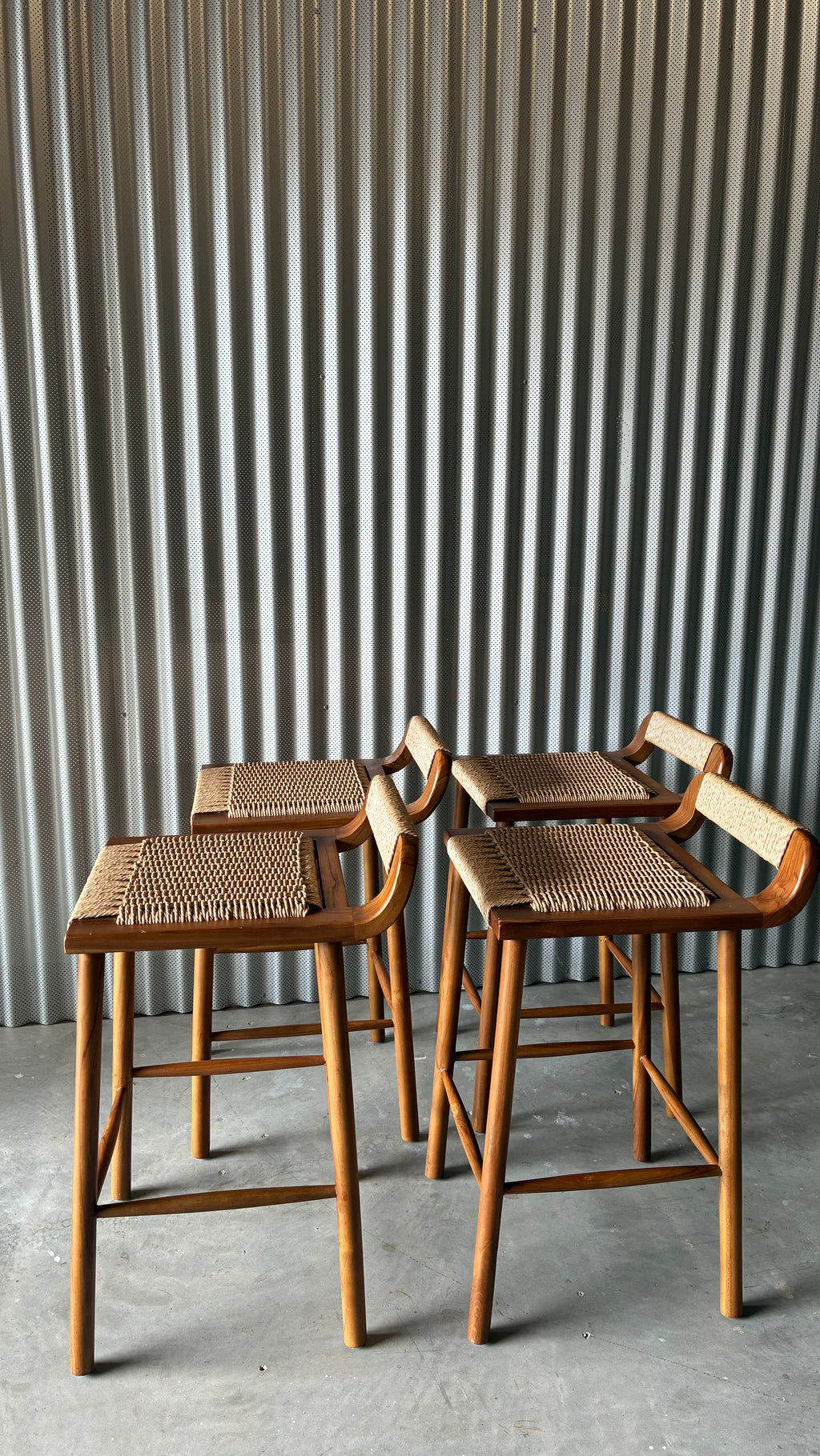TEAK AND WOVEN CORD COUNTER STOOLS (SET OF 4)