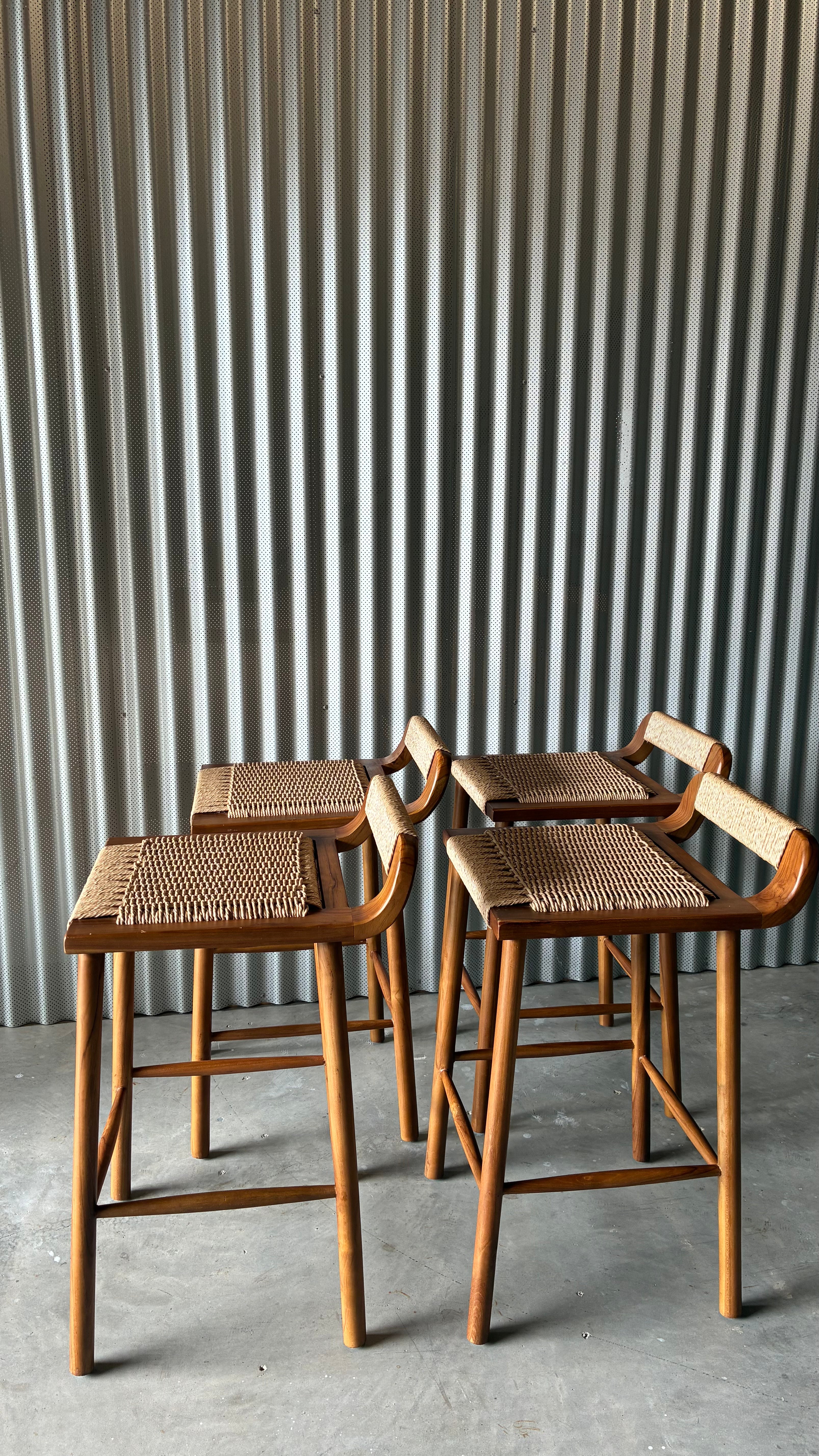 TEAK AND WOVEN CORD COUNTER STOOLS (SET OF 4)