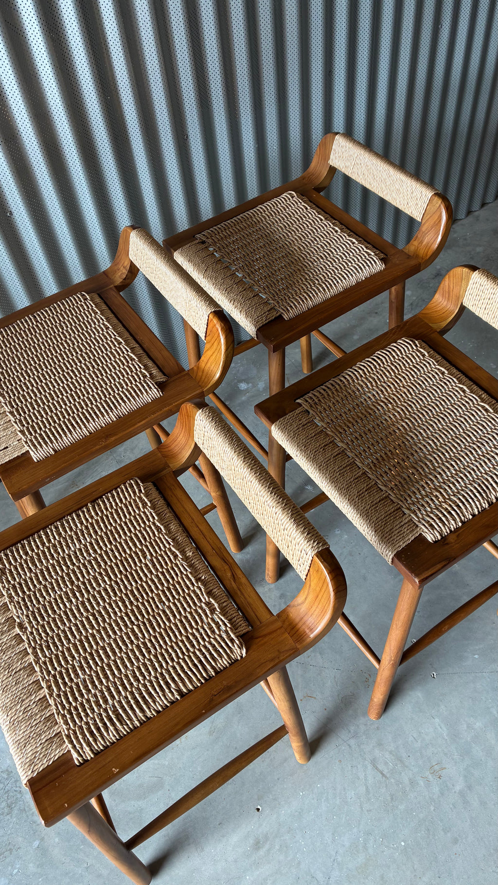 TEAK AND WOVEN CORD COUNTER STOOLS (SET OF 4)