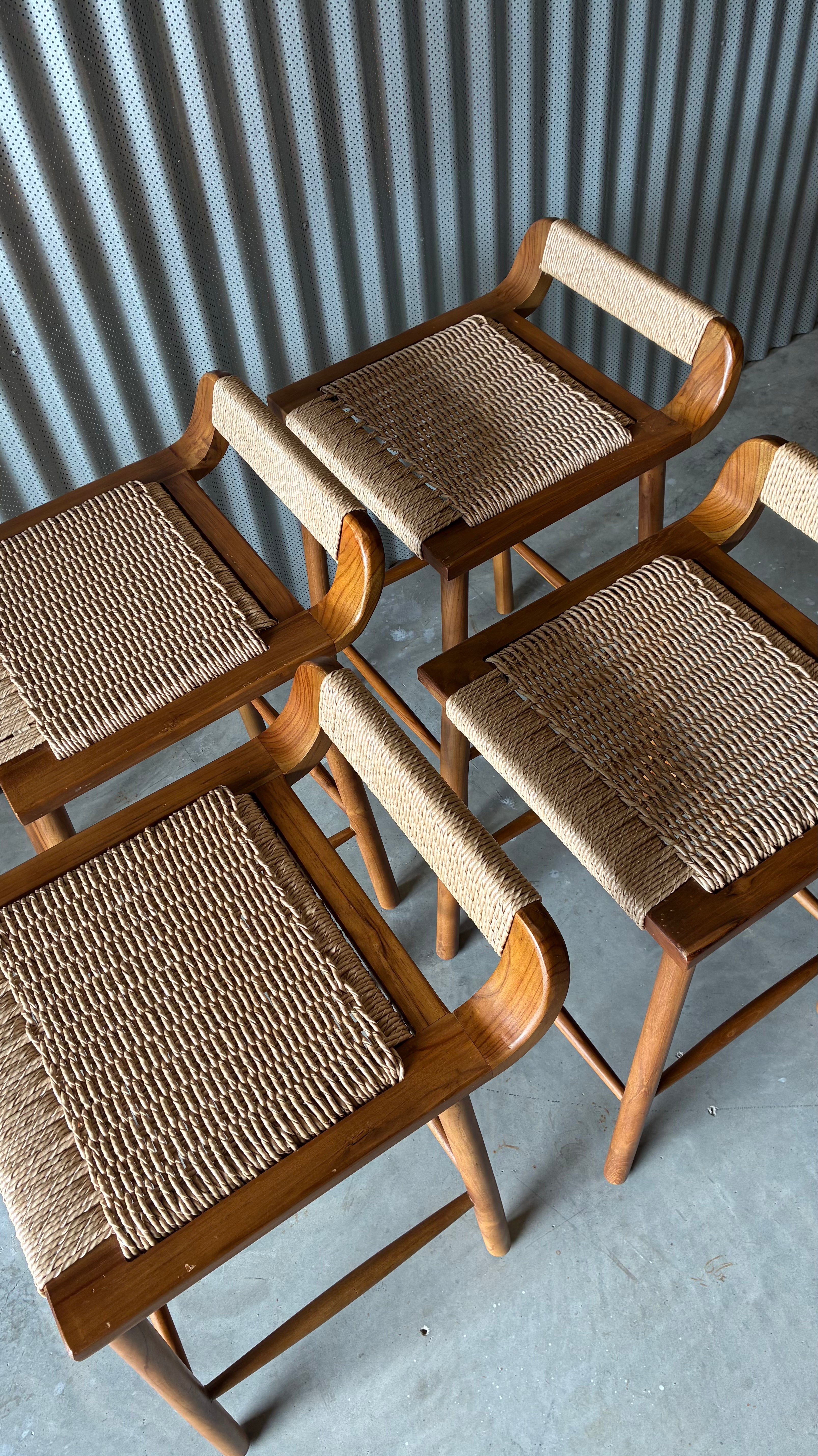 TEAK AND WOVEN CORD COUNTER STOOLS (SET OF 4)