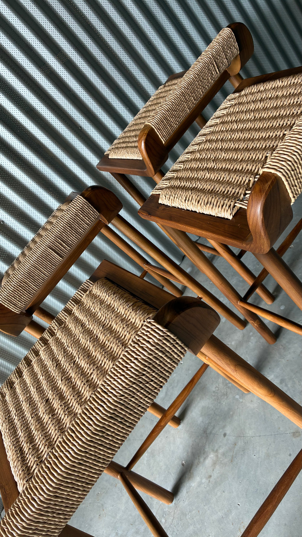 TEAK AND WOVEN CORD COUNTER STOOLS (SET OF 4)