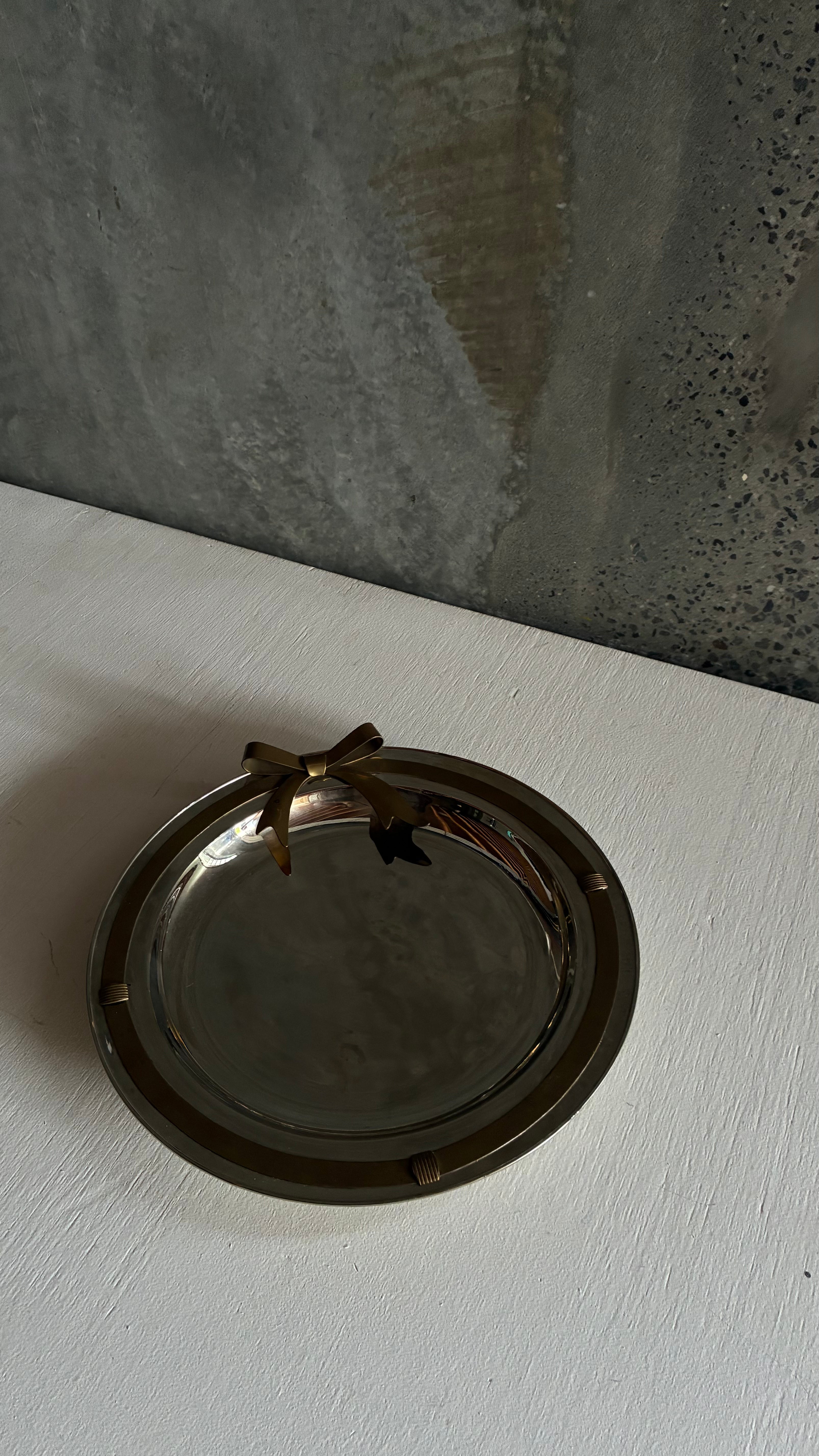 Vintage Silver plated tray with brass bow