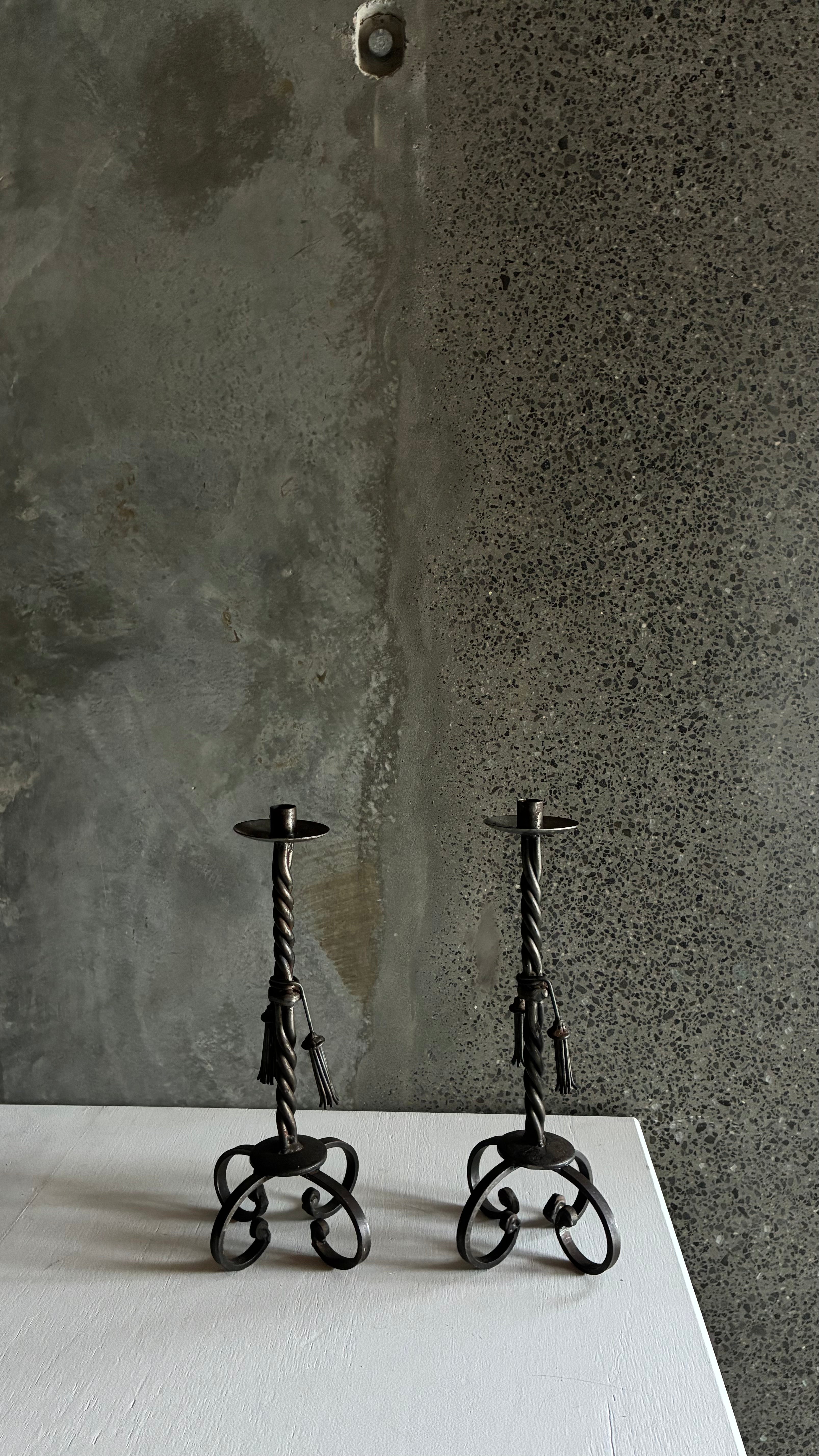 PAIR OF ANTIQUE FRENCH HAND-FORGED WROUGHT IRON CANDLESTICKS c.1910