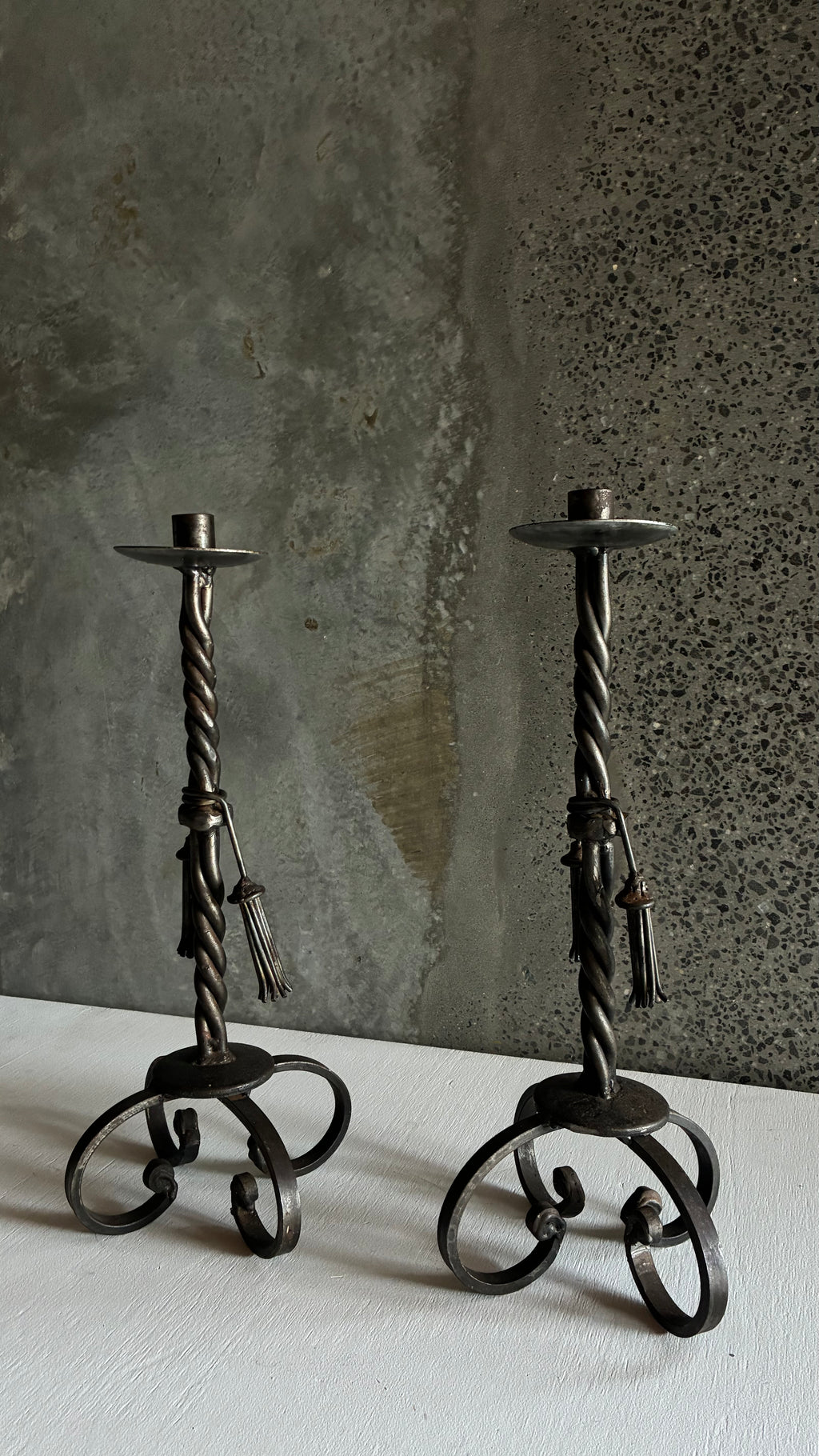 PAIR OF ANTIQUE FRENCH HAND-FORGED WROUGHT IRON CANDLESTICKS c.1910