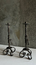 PAIR OF ANTIQUE FRENCH HAND-FORGED WROUGHT IRON CANDLESTICKS c.1910