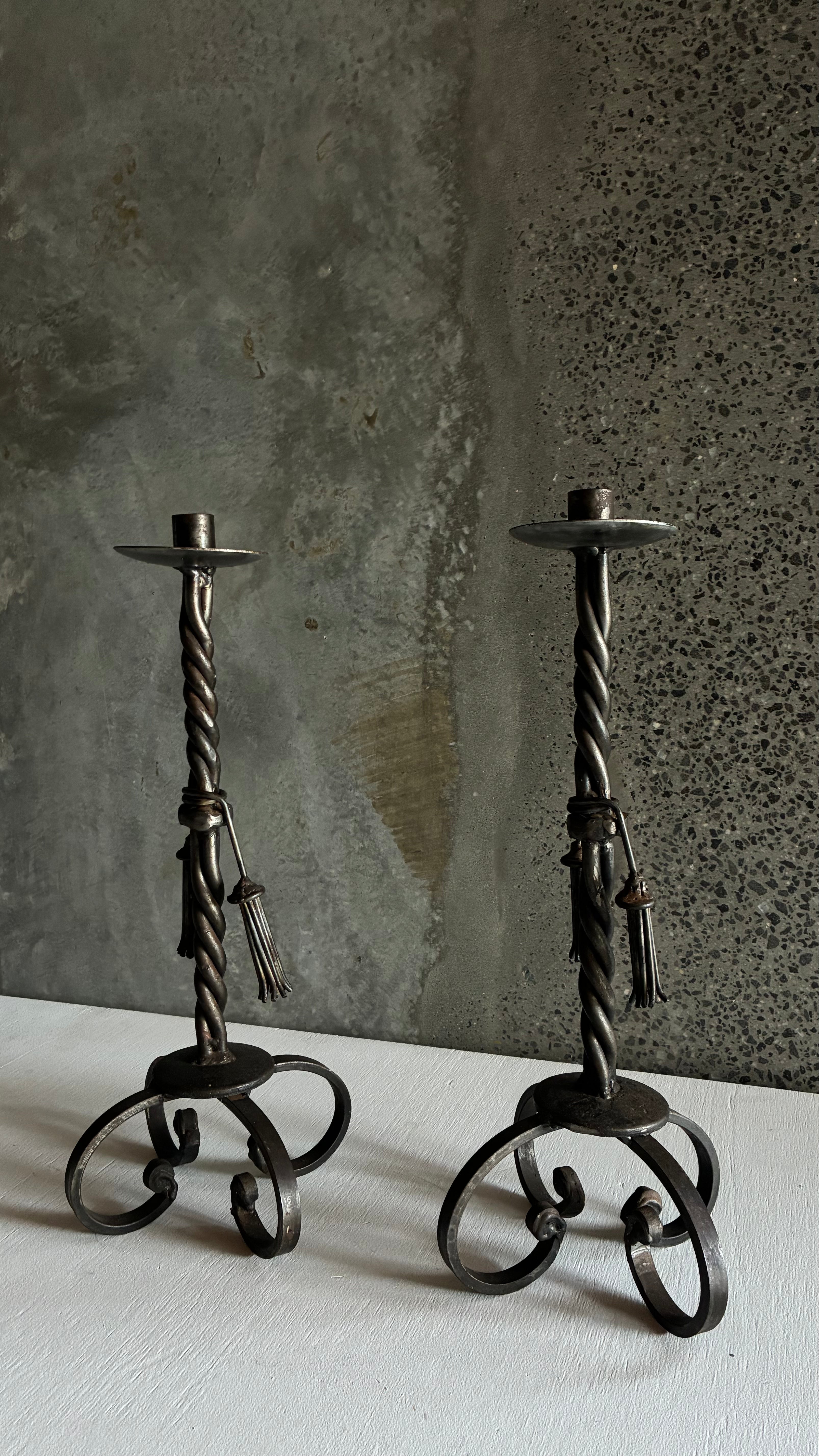 PAIR OF ANTIQUE FRENCH HAND-FORGED WROUGHT IRON CANDLESTICKS c.1910