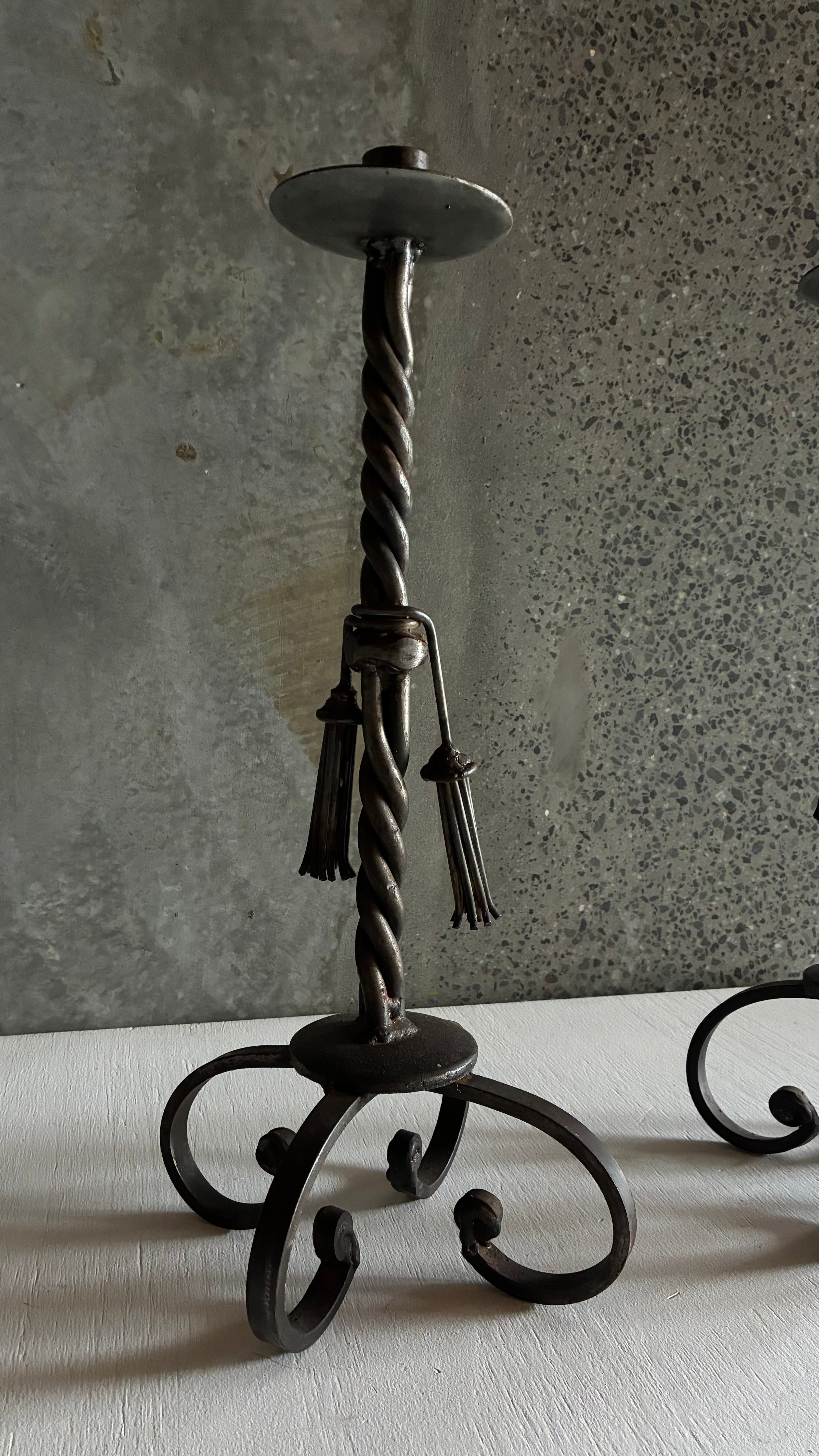 PAIR OF ANTIQUE FRENCH HAND-FORGED WROUGHT IRON CANDLESTICKS c.1910