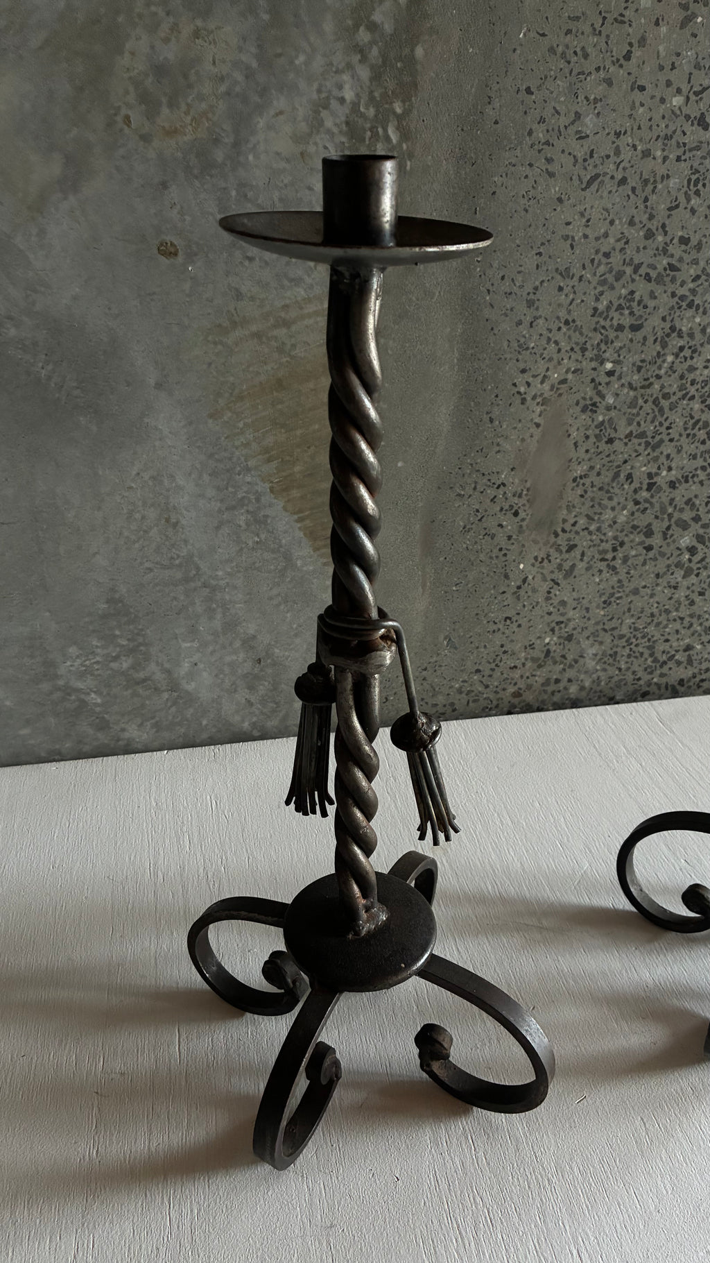 PAIR OF ANTIQUE FRENCH HAND-FORGED WROUGHT IRON CANDLESTICKS c.1910