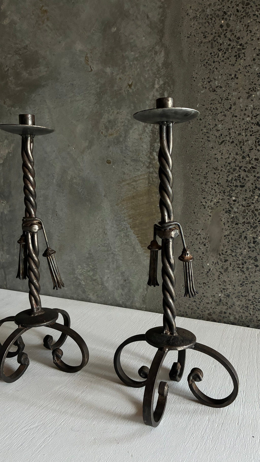 PAIR OF ANTIQUE FRENCH HAND-FORGED WROUGHT IRON CANDLESTICKS c.1910
