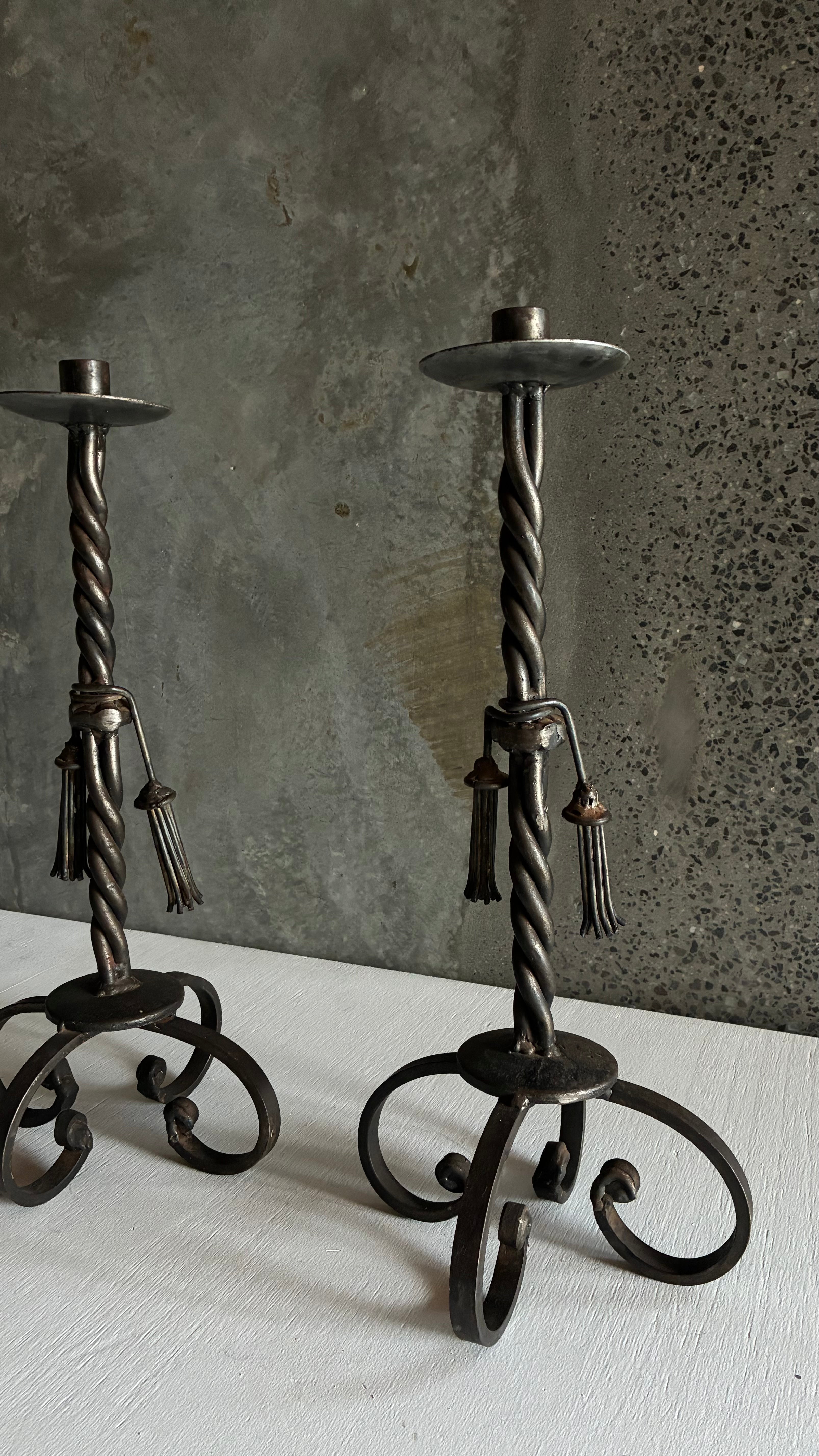 PAIR OF ANTIQUE FRENCH HAND-FORGED WROUGHT IRON CANDLESTICKS c.1910