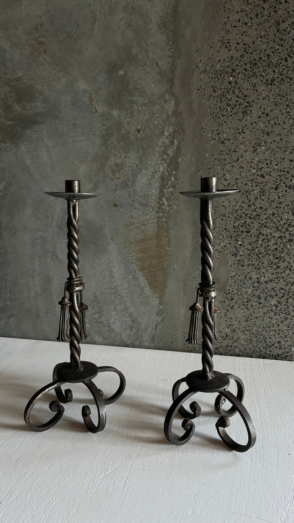 PAIR OF ANTIQUE FRENCH HAND-FORGED WROUGHT IRON CANDLESTICKS c.1910