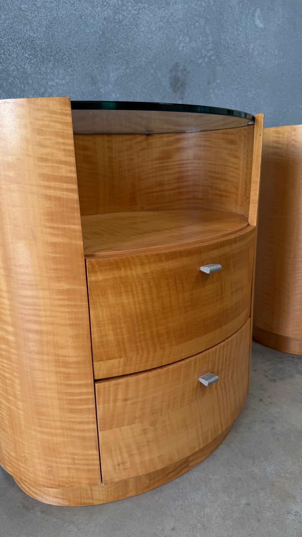 Vintage Pair of Figured Timber Veneer Bedside Tables