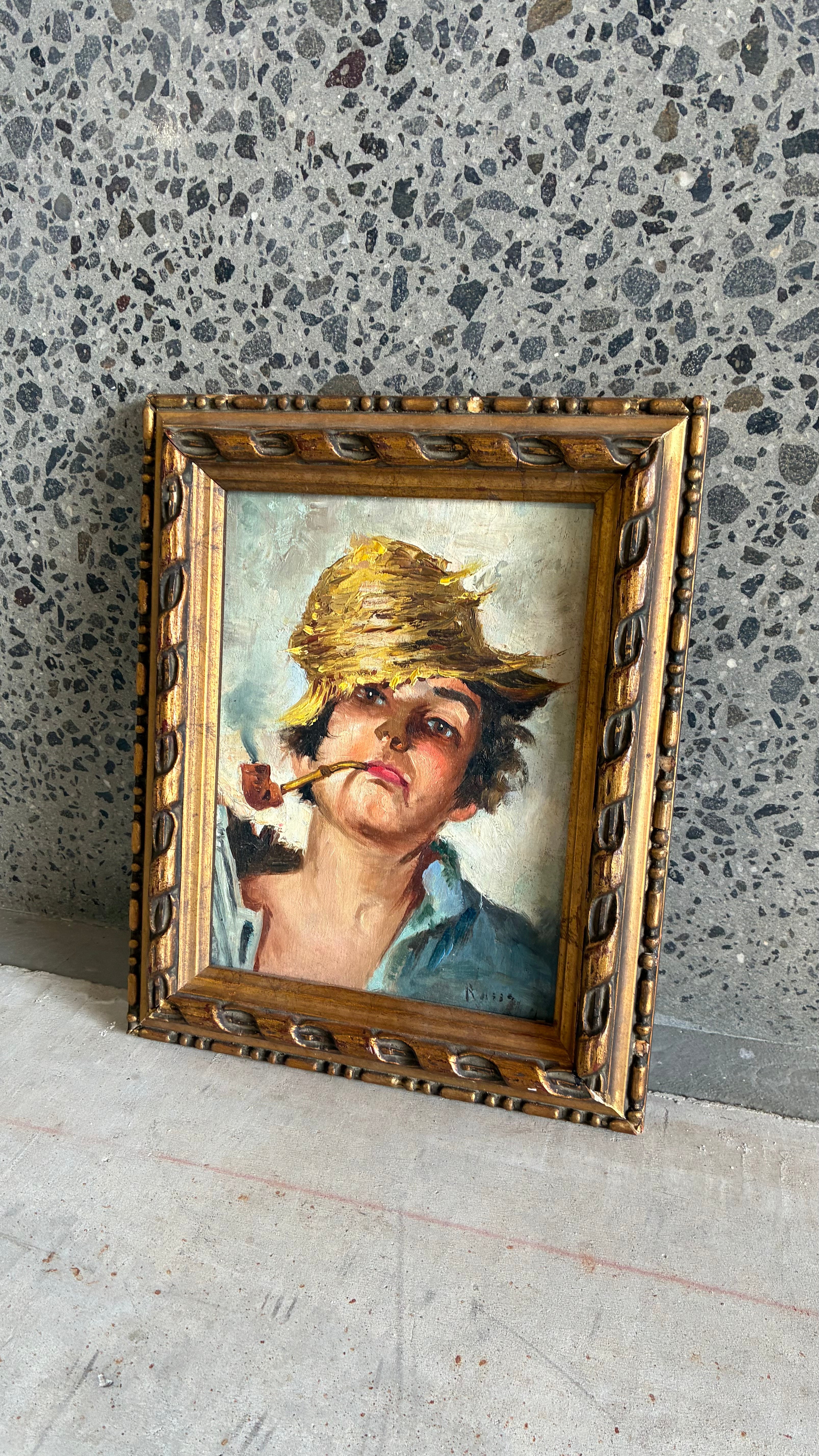 ITALIAN SCHOOL PAINTING - BOY WITH PIPE AND STRAW HAT