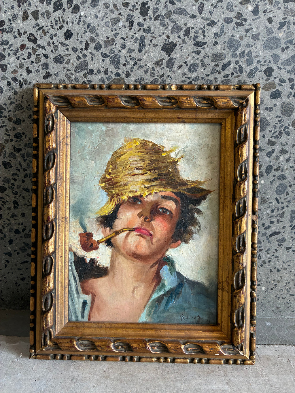 ITALIAN SCHOOL PAINTING - BOY WITH PIPE AND STRAW HAT