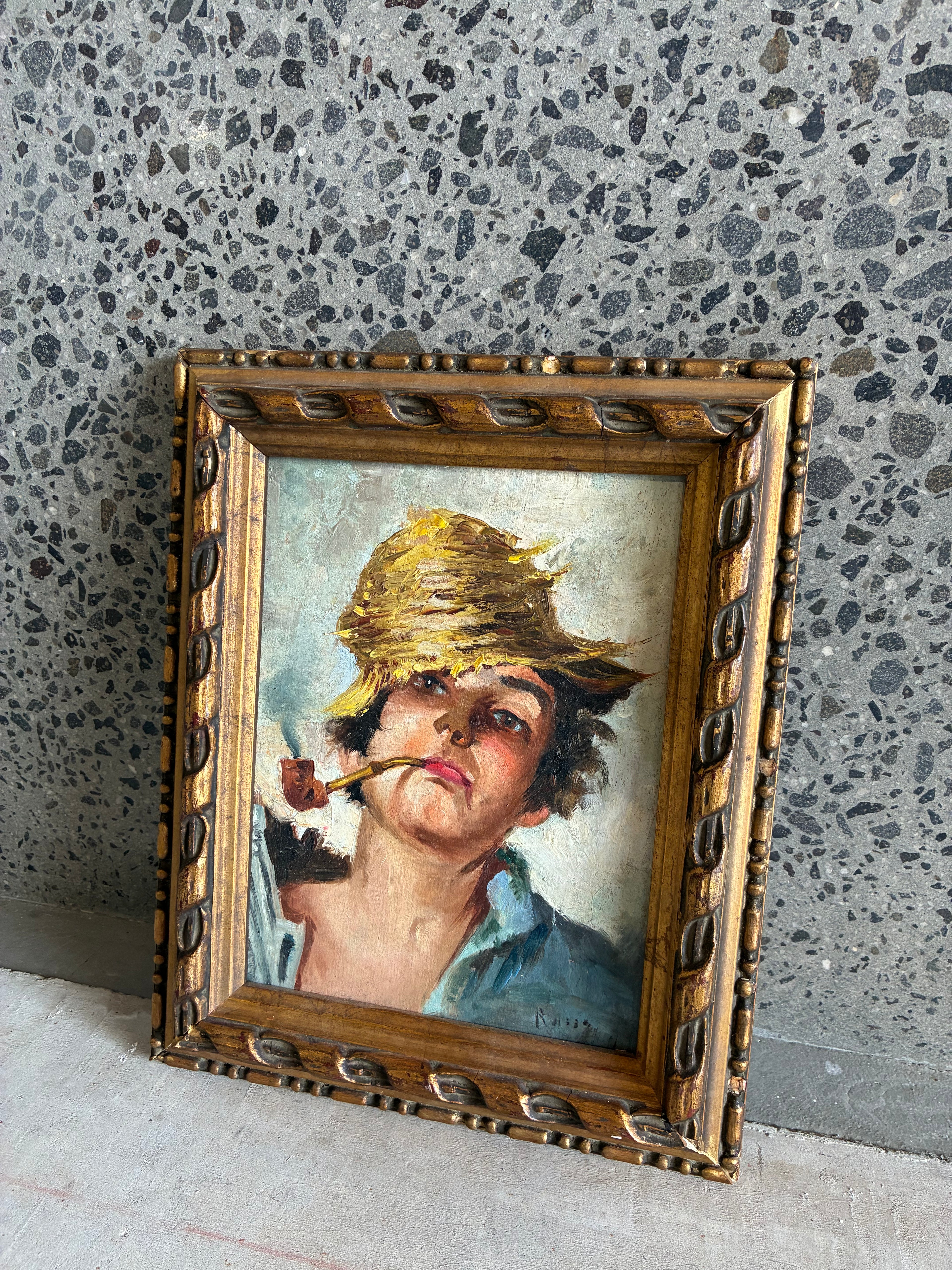ITALIAN SCHOOL PAINTING - BOY WITH PIPE AND STRAW HAT