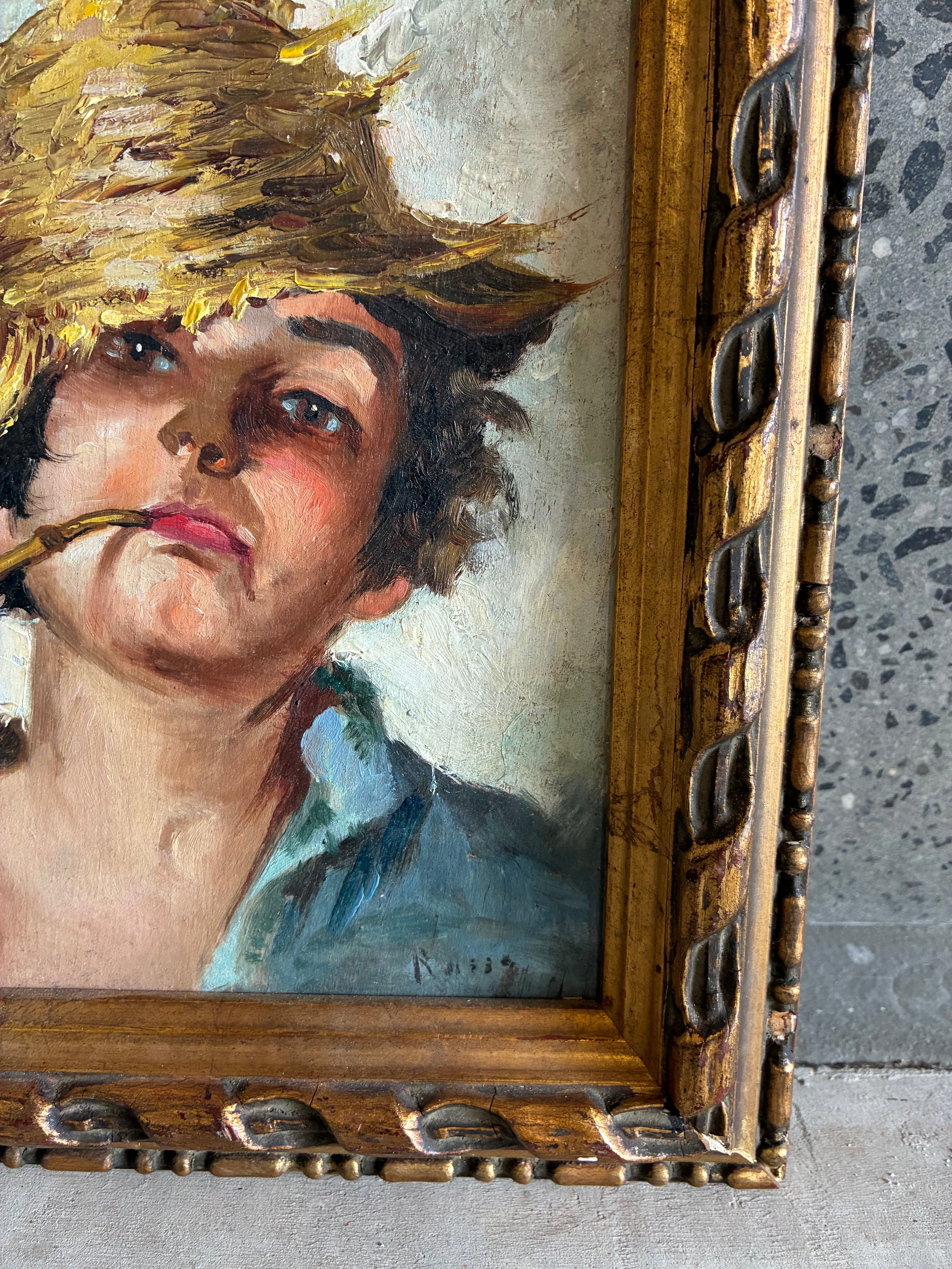 ITALIAN SCHOOL PAINTING - BOY WITH PIPE AND STRAW HAT