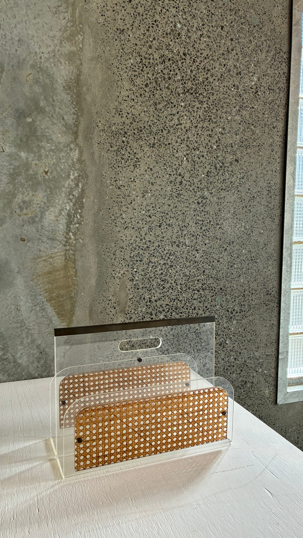French Lucite, Cane & Brass magazine Holder Attributed to Christian Dior 1980s