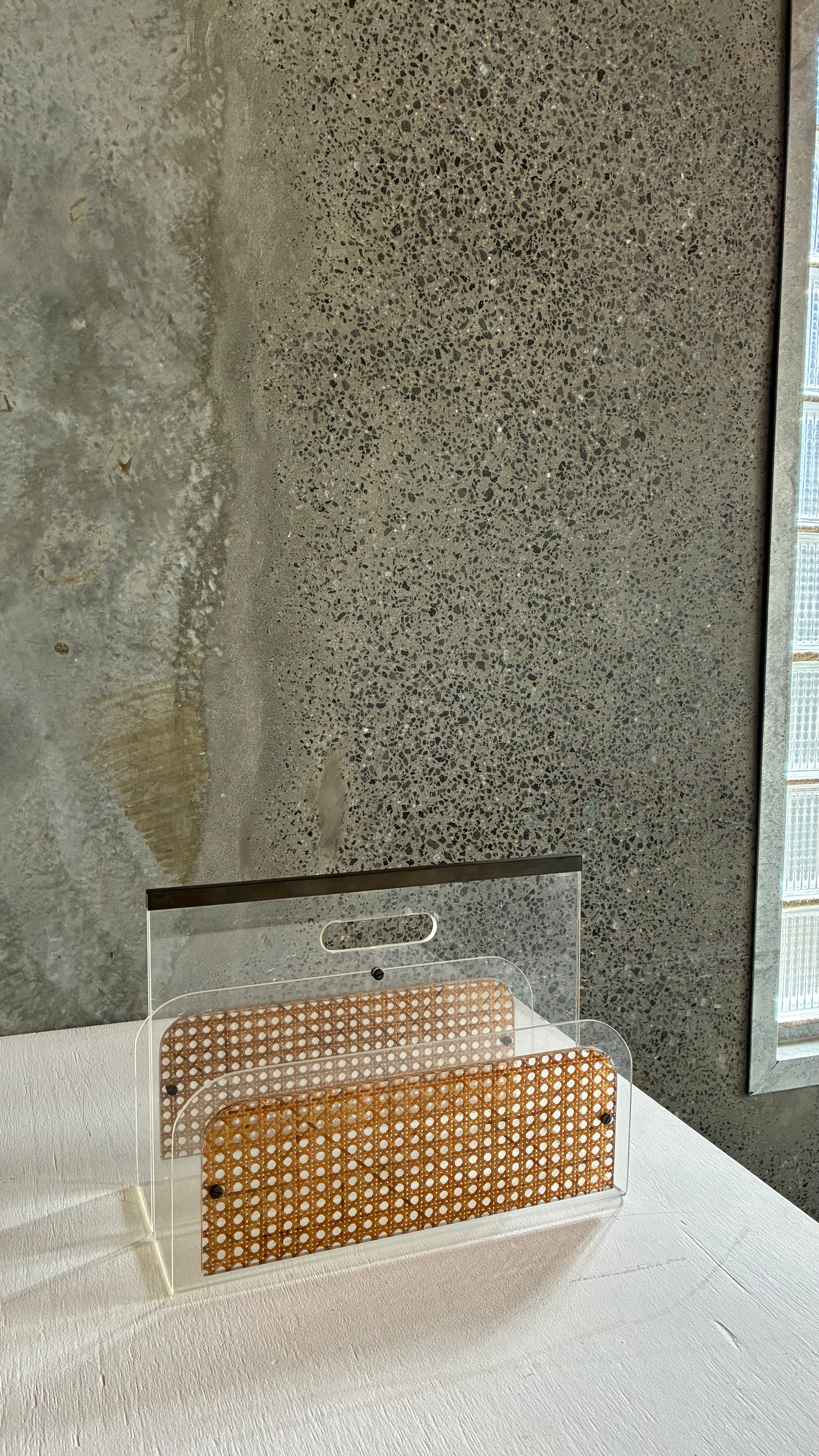 French Lucite, Cane & Brass magazine Holder Attributed to Christian Dior 1980s