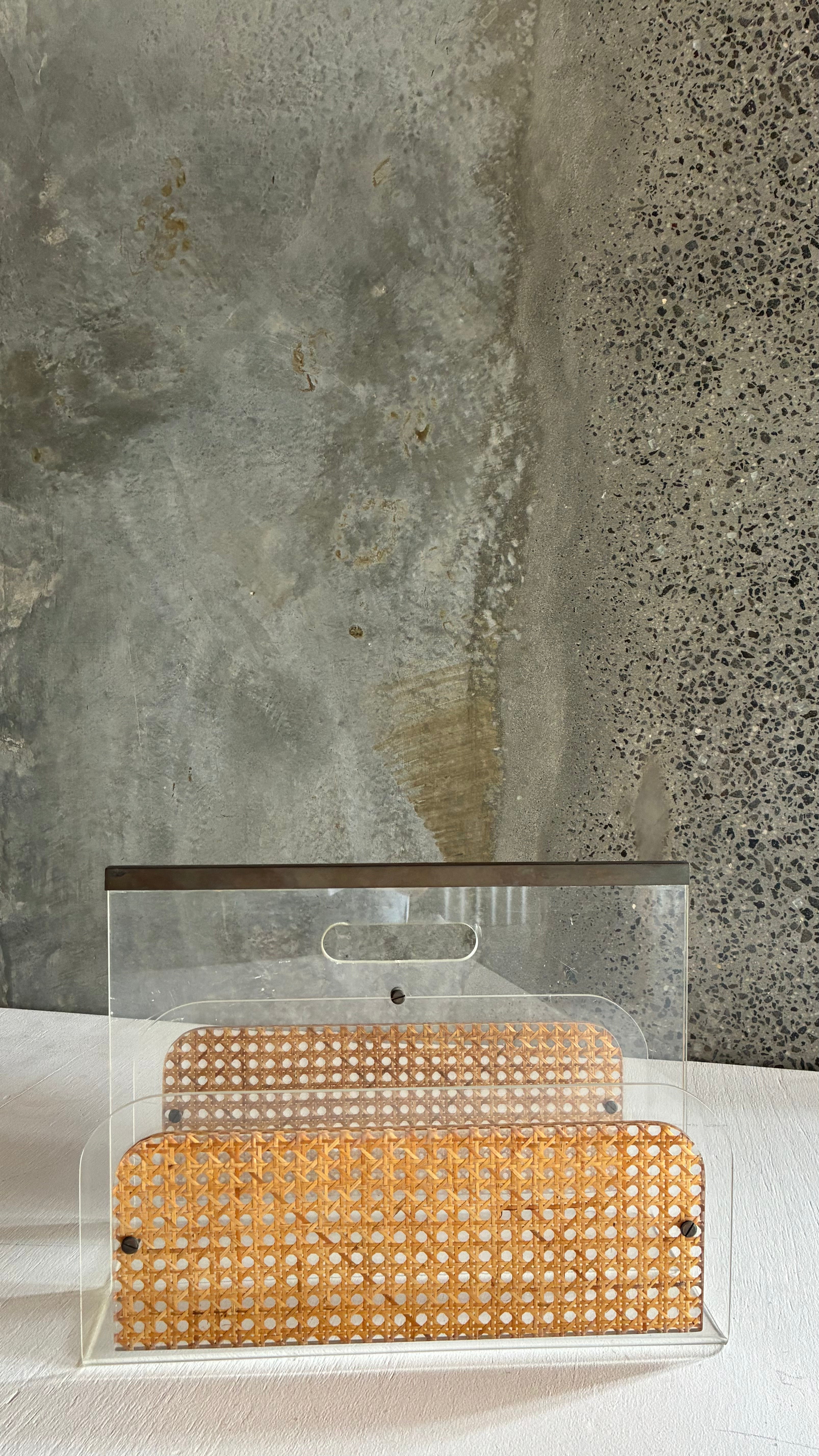 French Lucite, Cane & Brass magazine Holder Attributed to Christian Dior 1980s