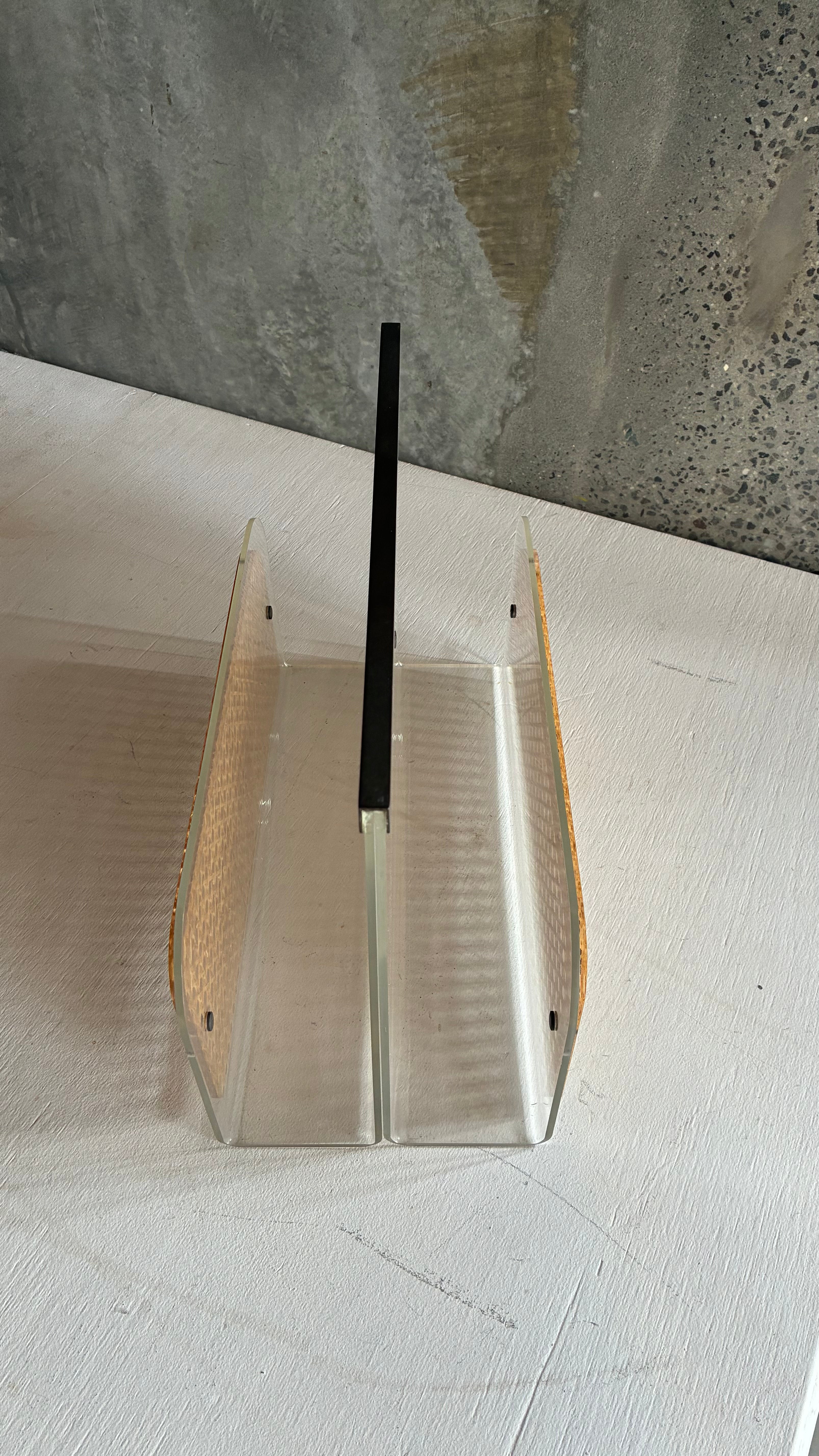 French Lucite, Cane & Brass magazine Holder Attributed to Christian Dior 1980s