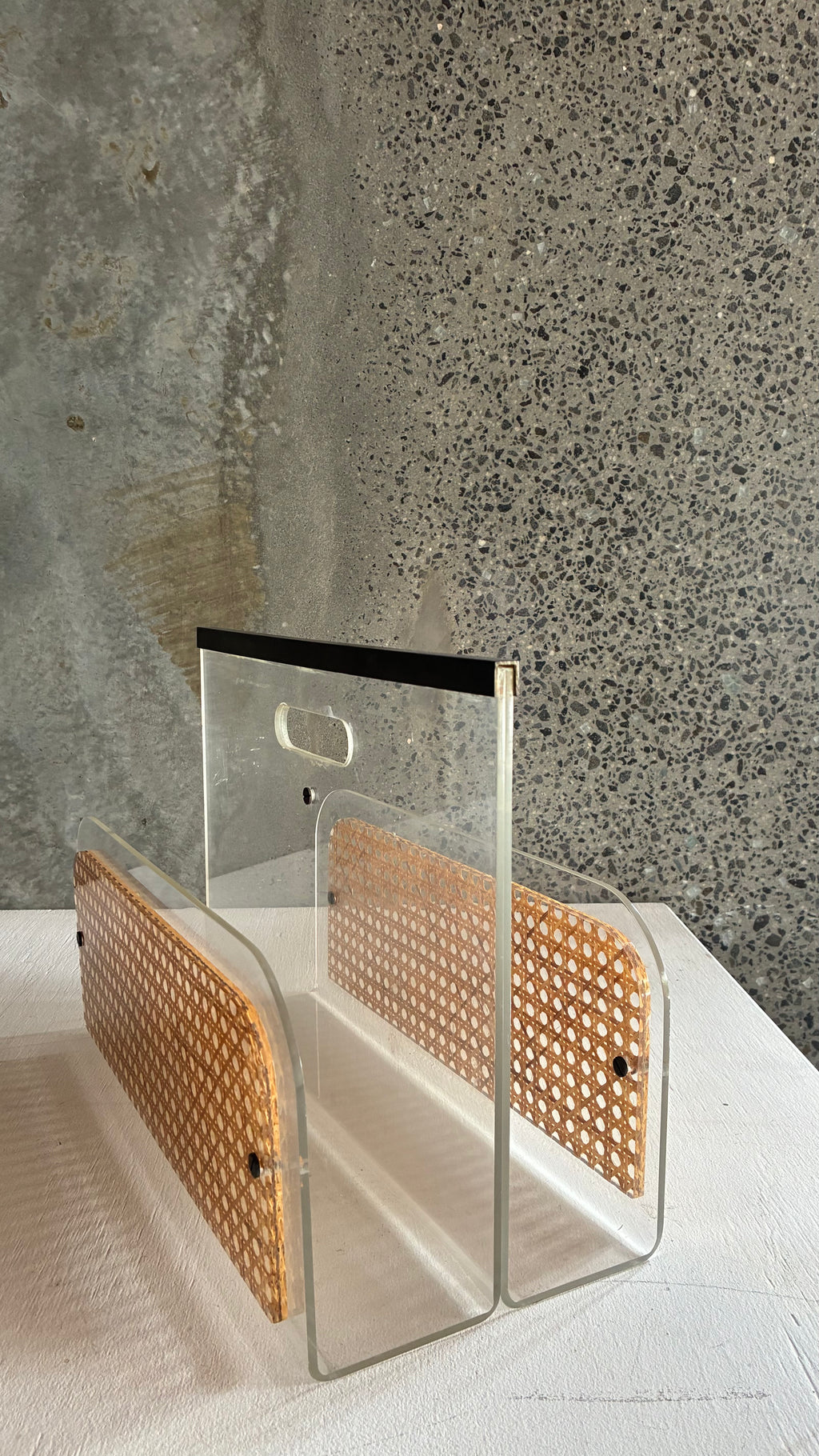 French Lucite, Cane & Brass magazine Holder Attributed to Christian Dior 1980s