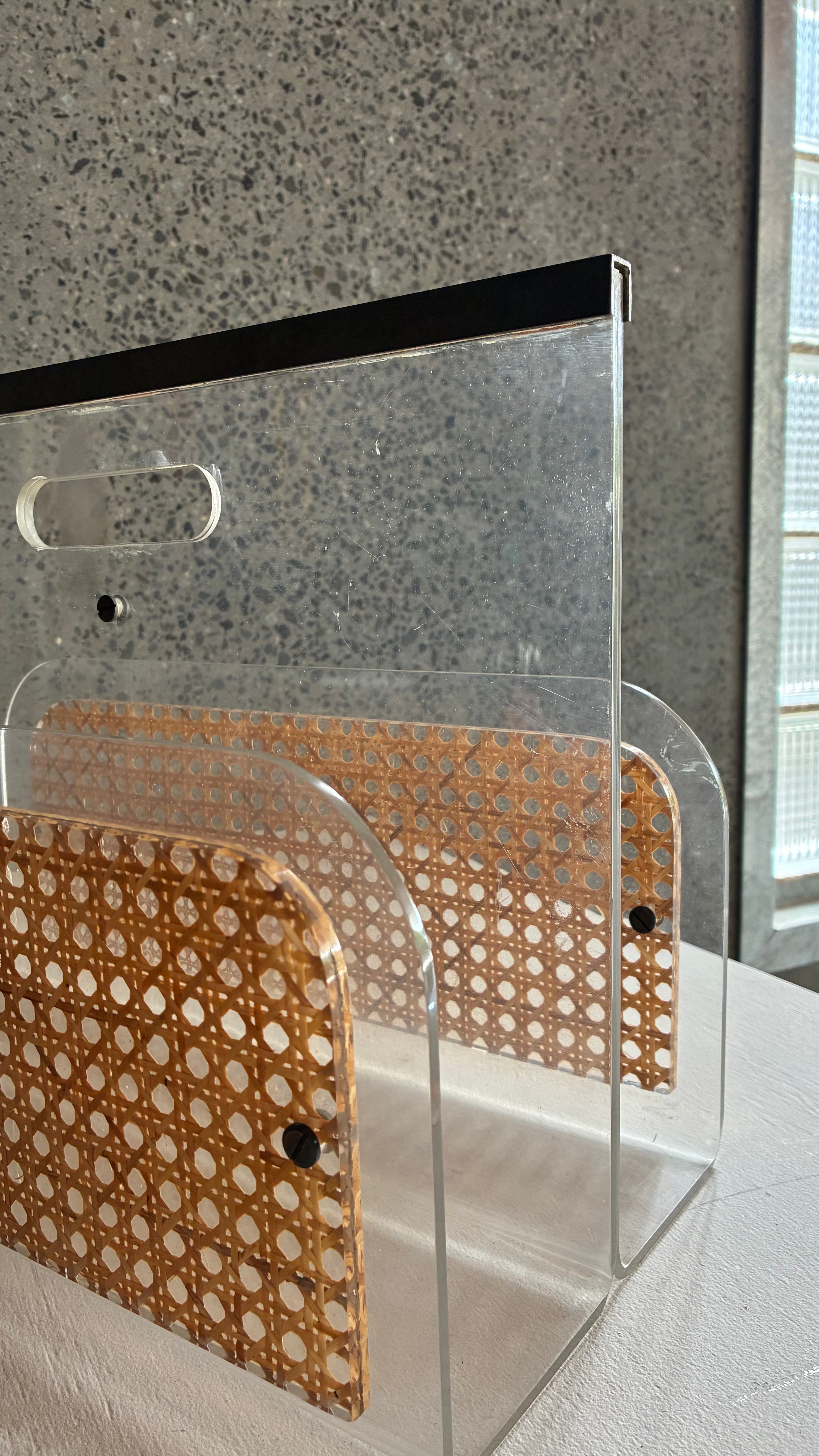 French Lucite, Cane & Brass magazine Holder Attributed to Christian Dior 1980s