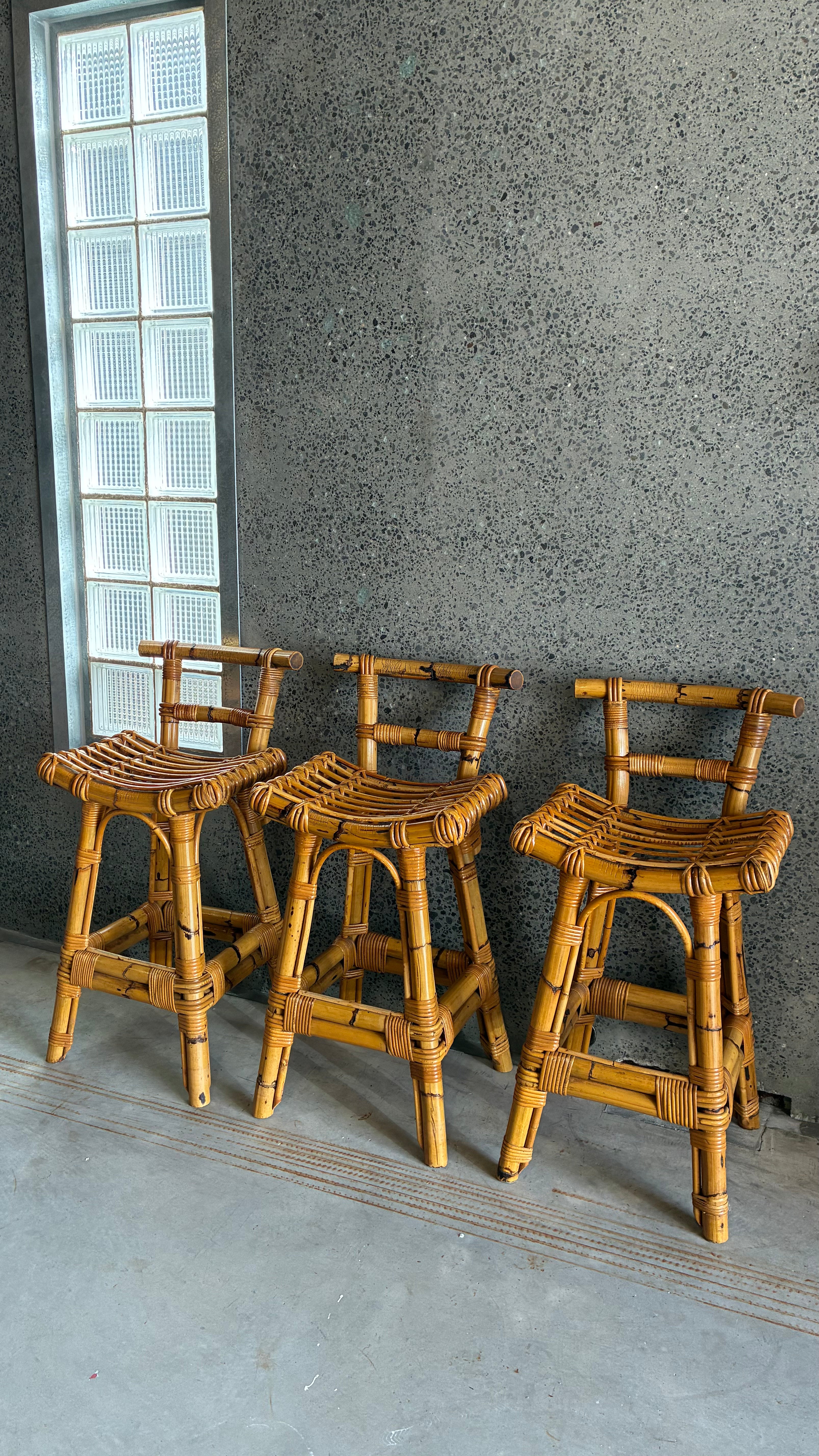MID CENTURY BAMBOO BAR STOOLS (SET OF 3)