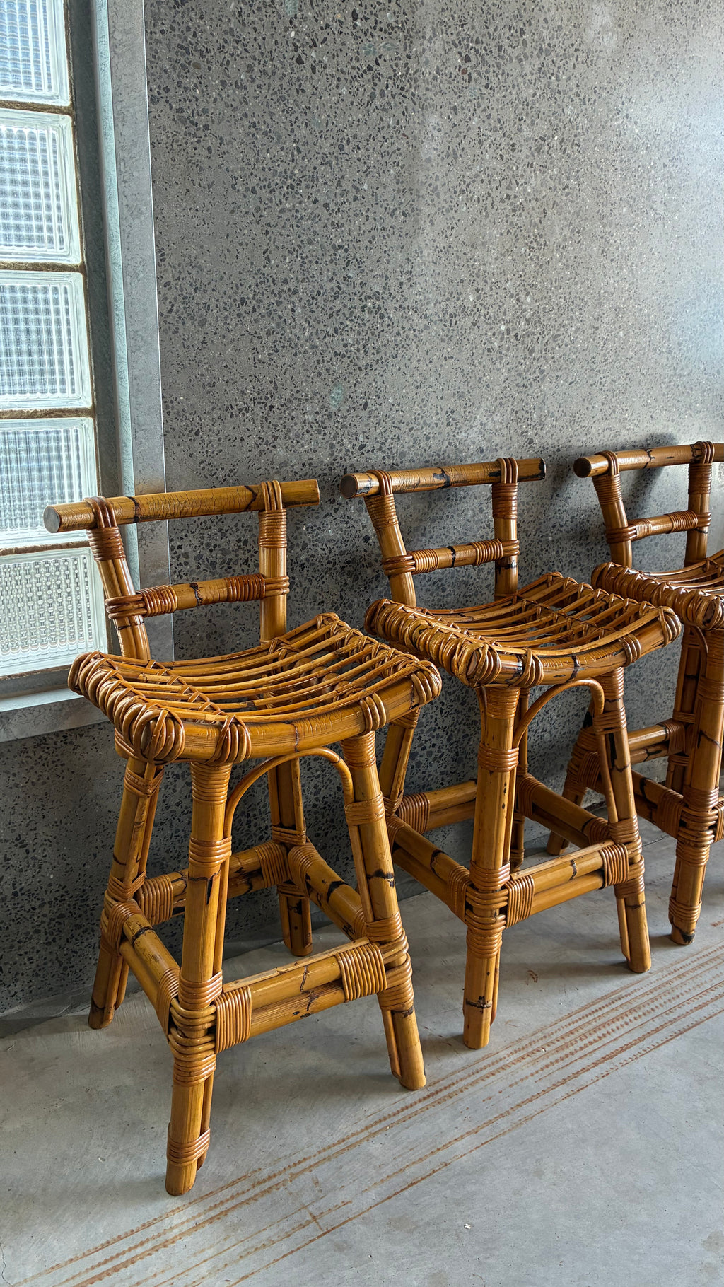 MID CENTURY BAMBOO BAR STOOLS (SET OF 3)