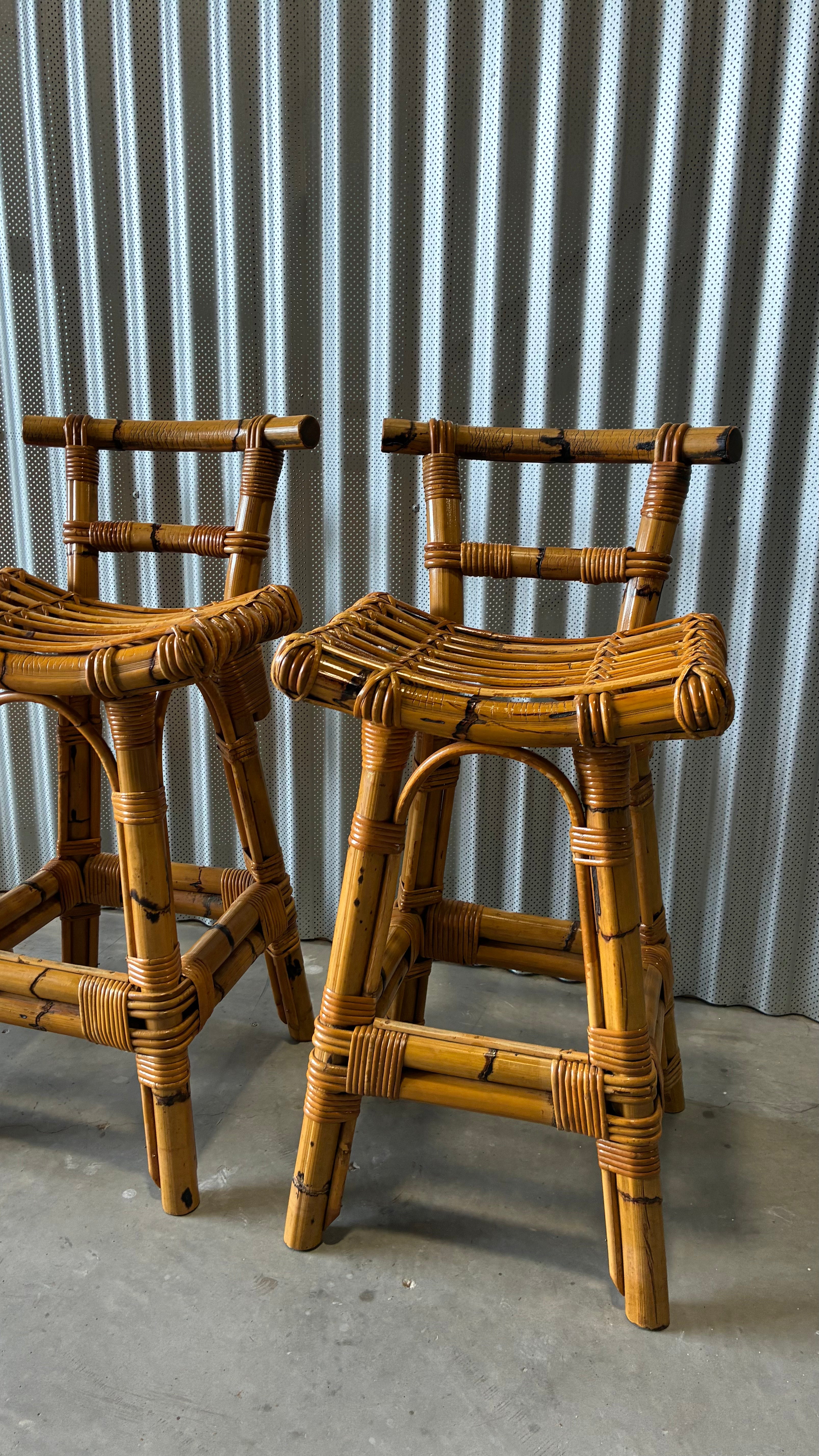 MID CENTURY BAMBOO BAR STOOLS (SET OF 3)