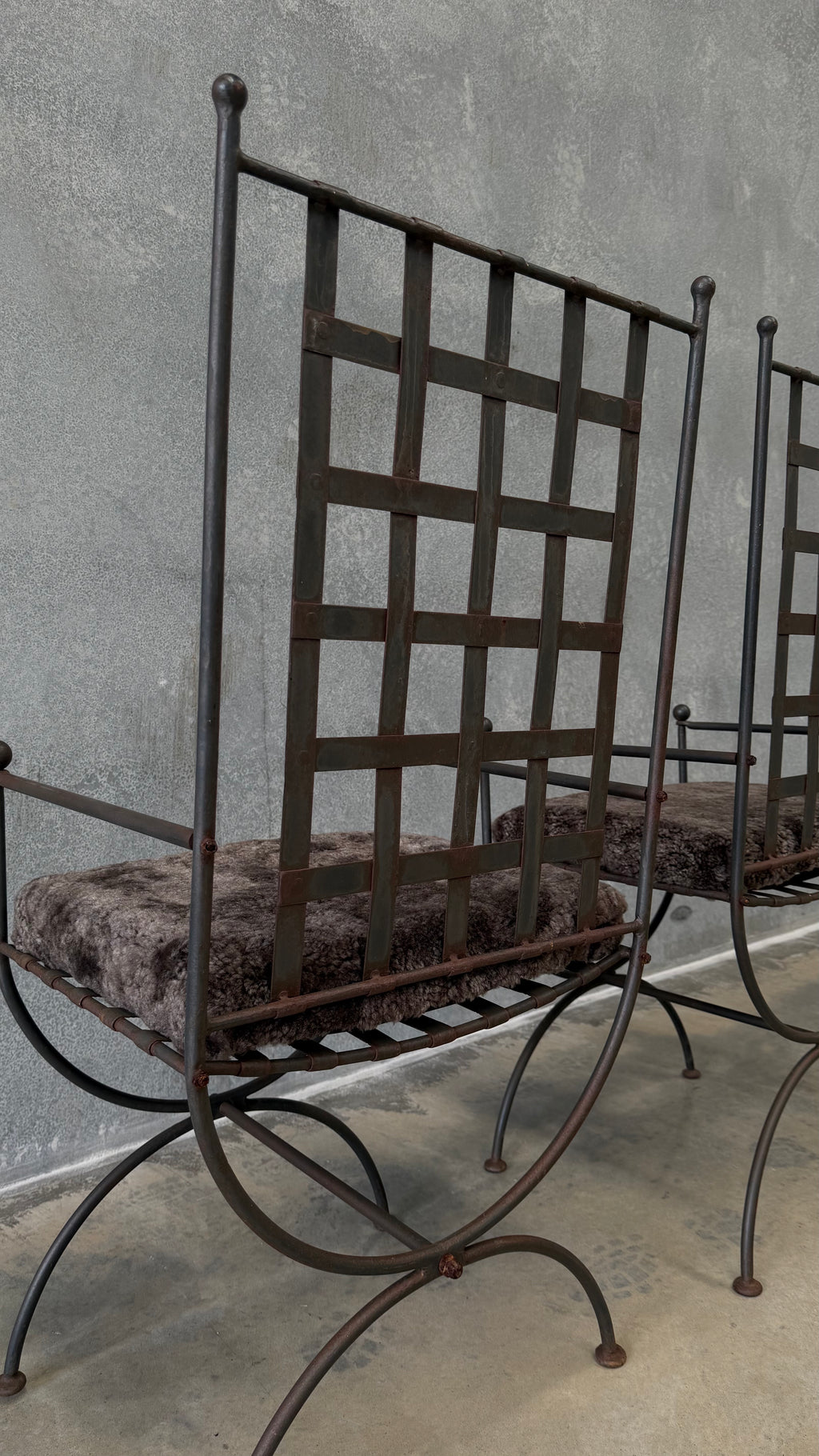 Pair of Vintage Wrought Iron Chairs with Sheepskin Cushions