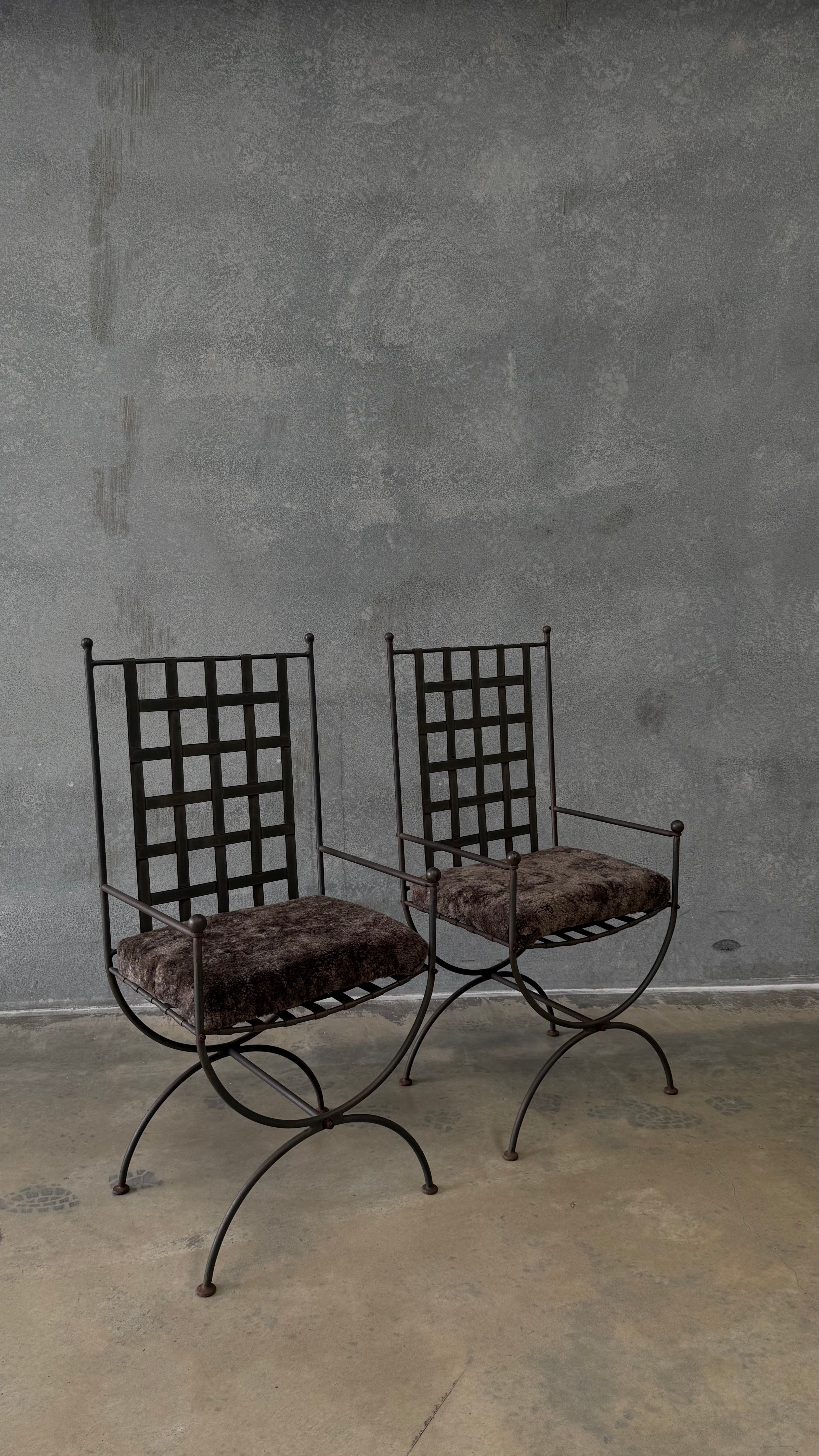Pair of Vintage Wrought Iron Chairs with Sheepskin Cushions