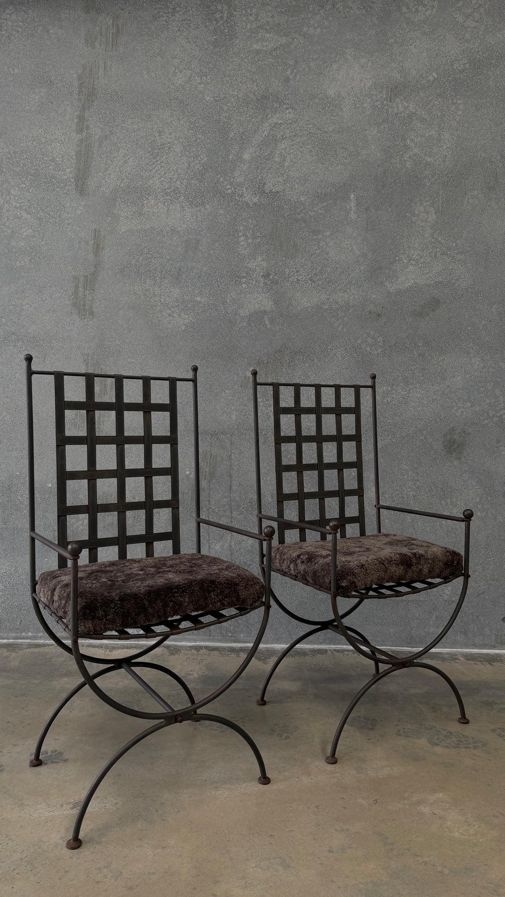 Pair of Vintage Wrought Iron Chairs with Sheepskin Cushions