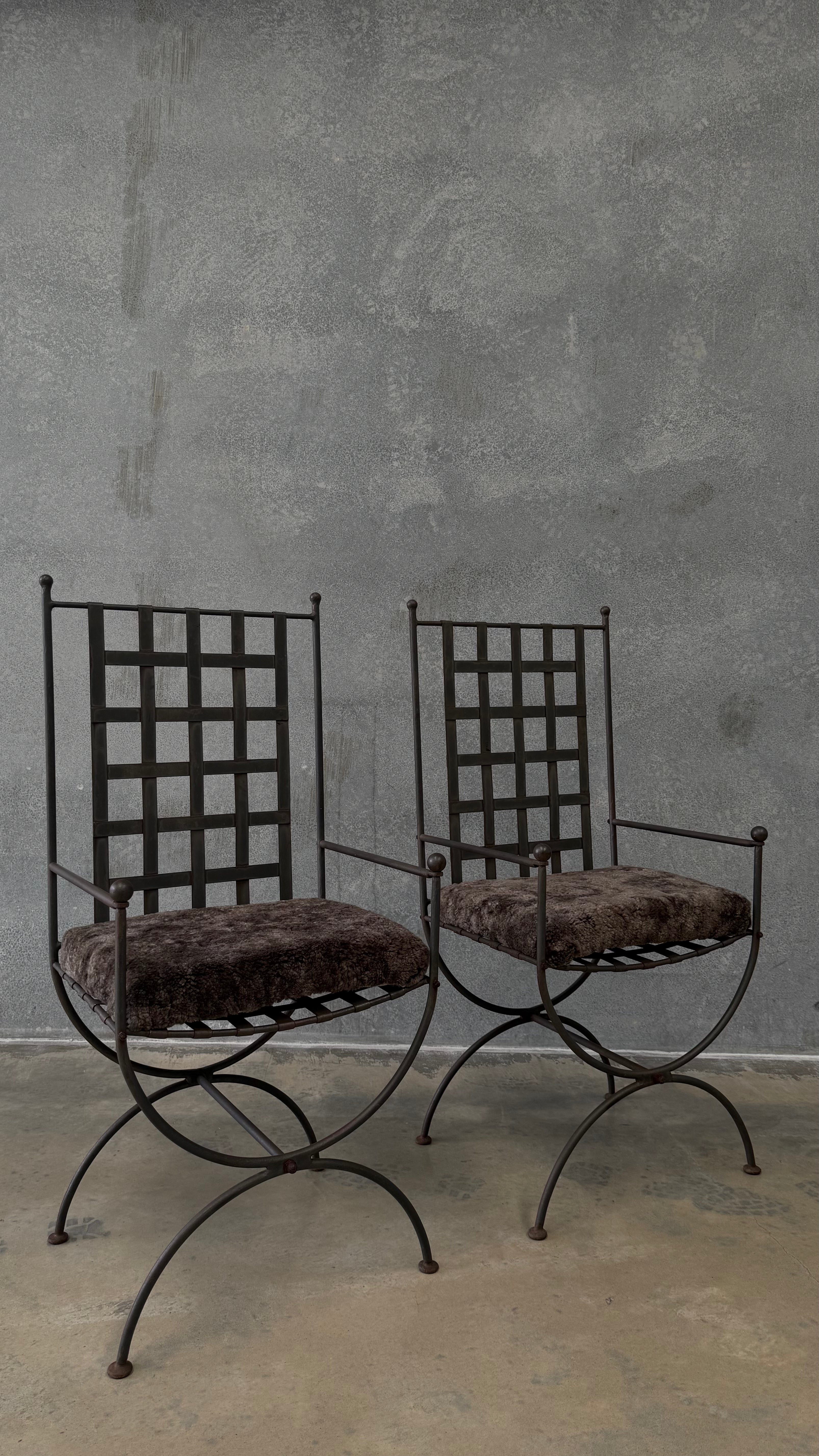 Pair of Vintage Wrought Iron Chairs with Sheepskin Cushions