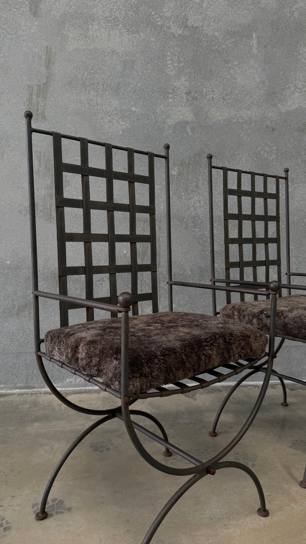 Pair of Vintage Wrought Iron Chairs with Sheepskin Cushions