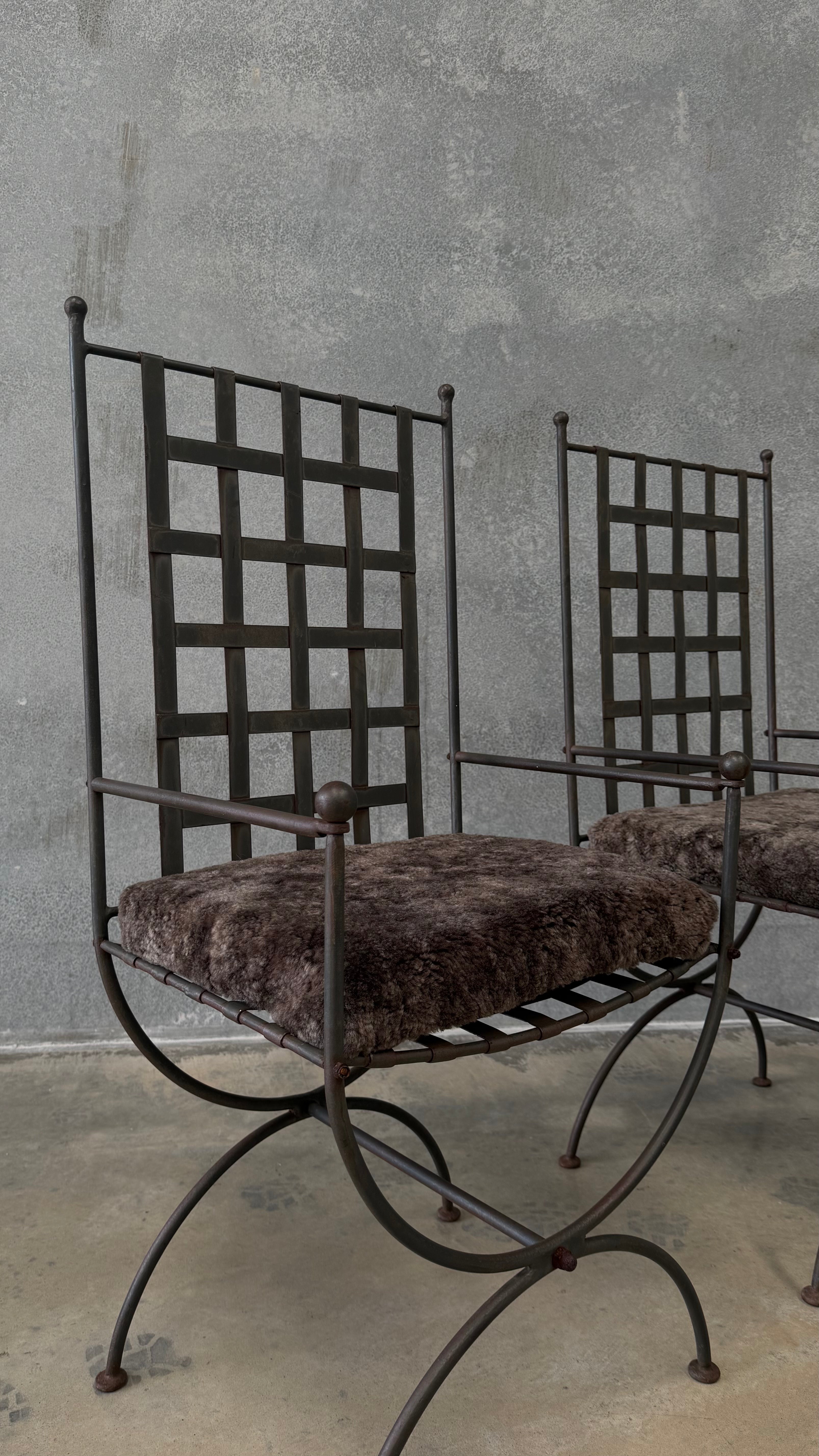 Pair of Vintage Wrought Iron Chairs with Sheepskin Cushions