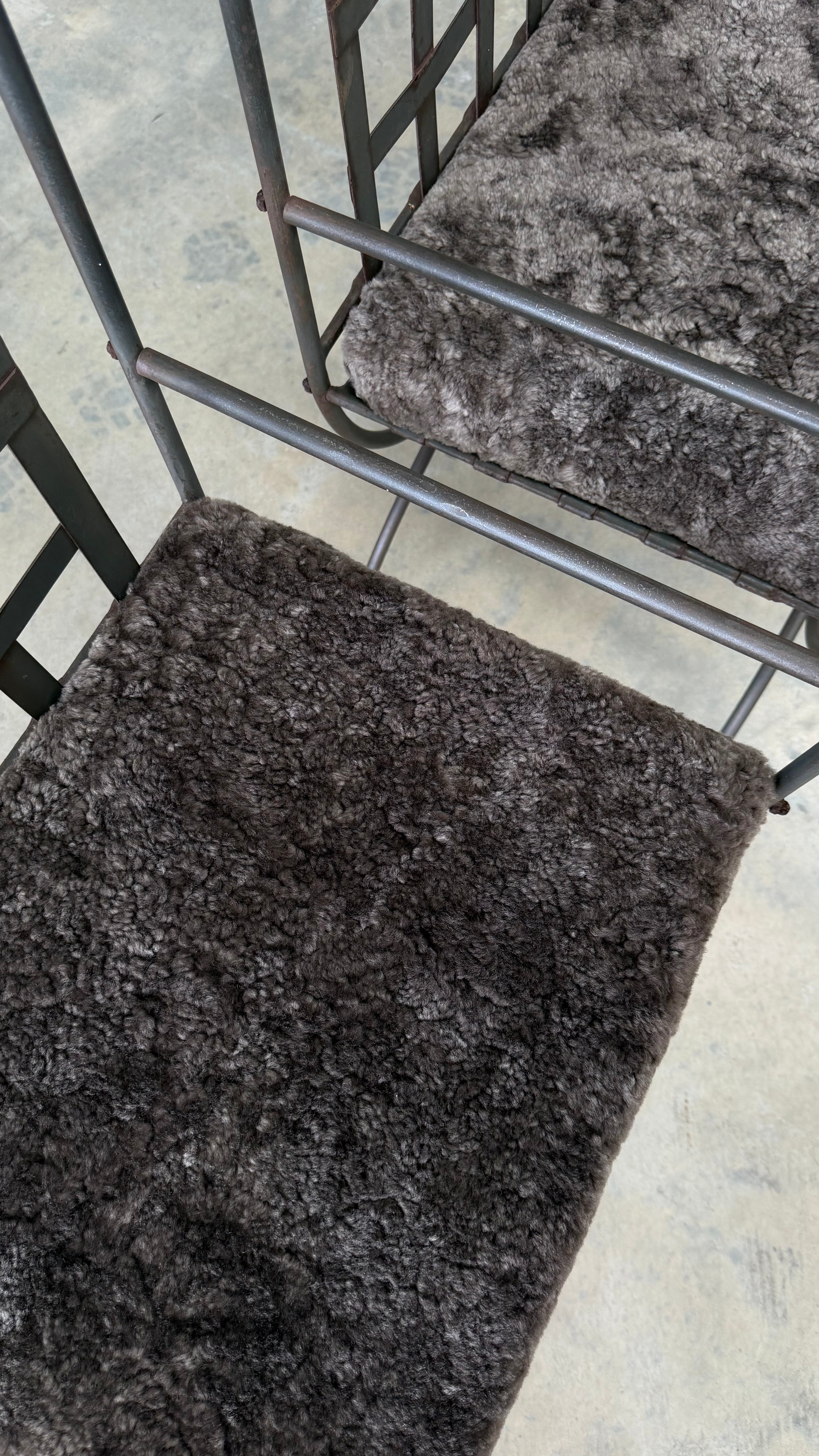 Pair of Vintage Wrought Iron Chairs with Sheepskin Cushions