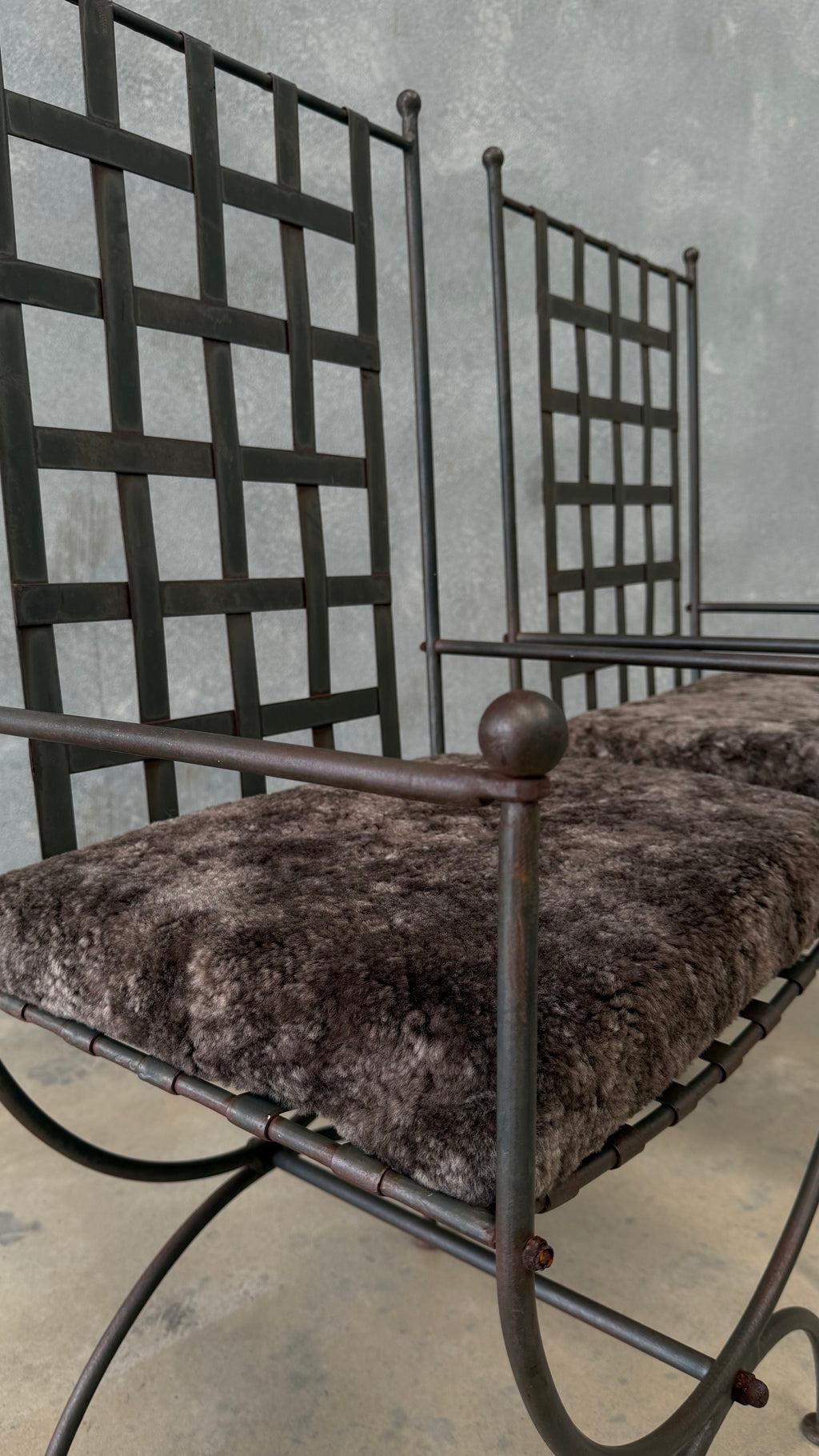 Pair of Vintage Wrought Iron Chairs with Sheepskin Cushions