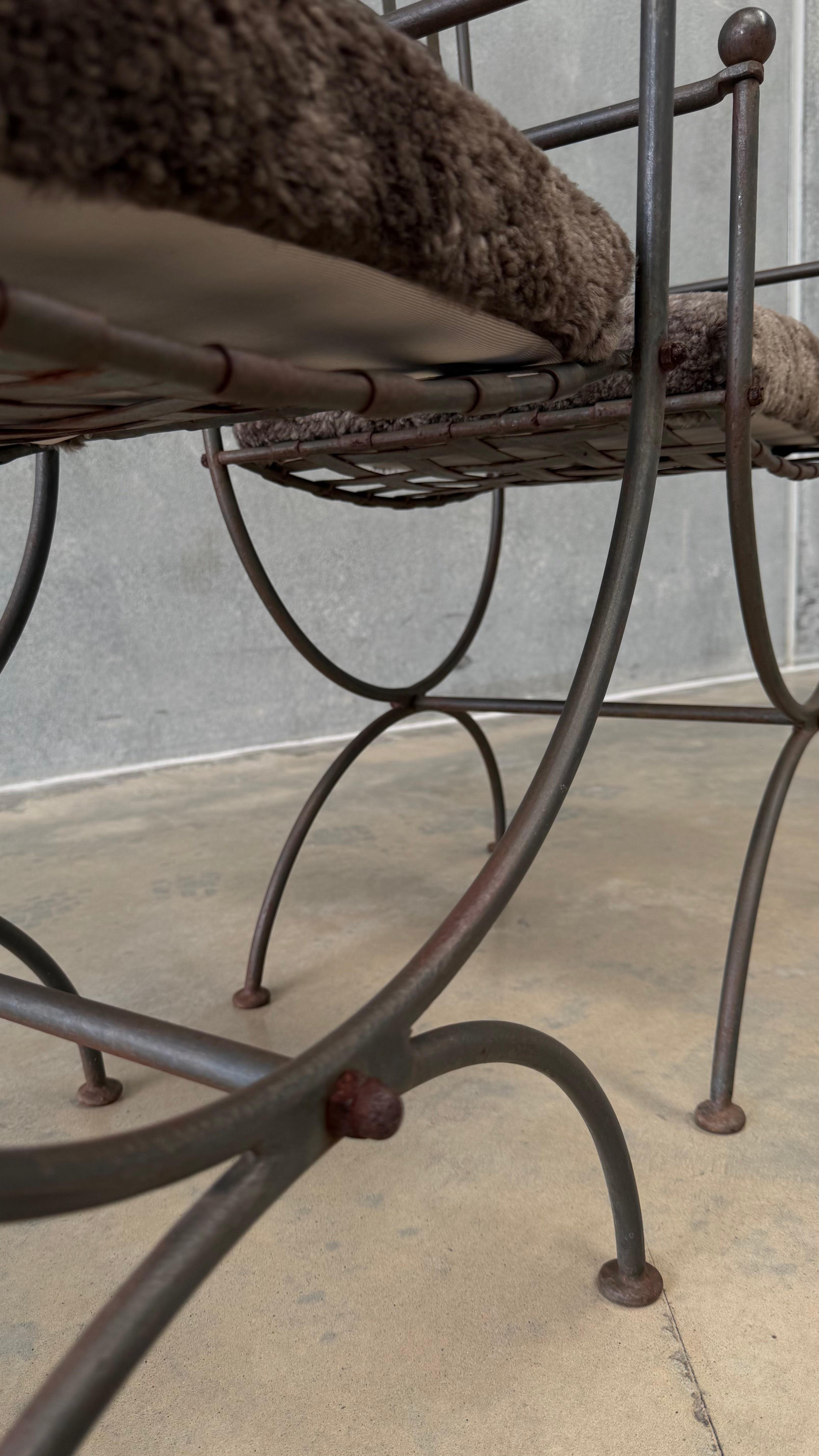 Pair of Vintage Wrought Iron Chairs with Sheepskin Cushions