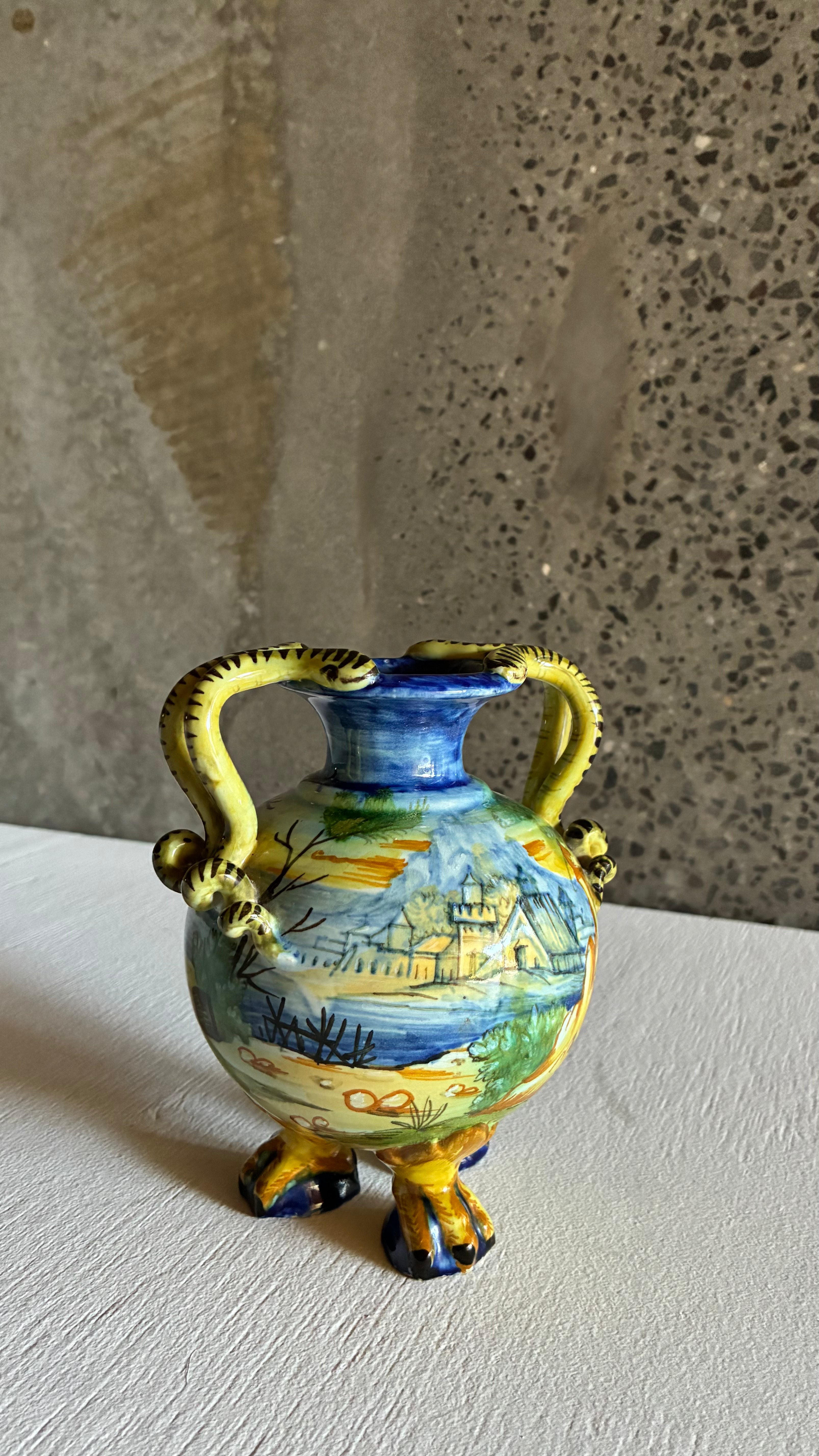 Cantagalli Majolica Serpent Handle Vase