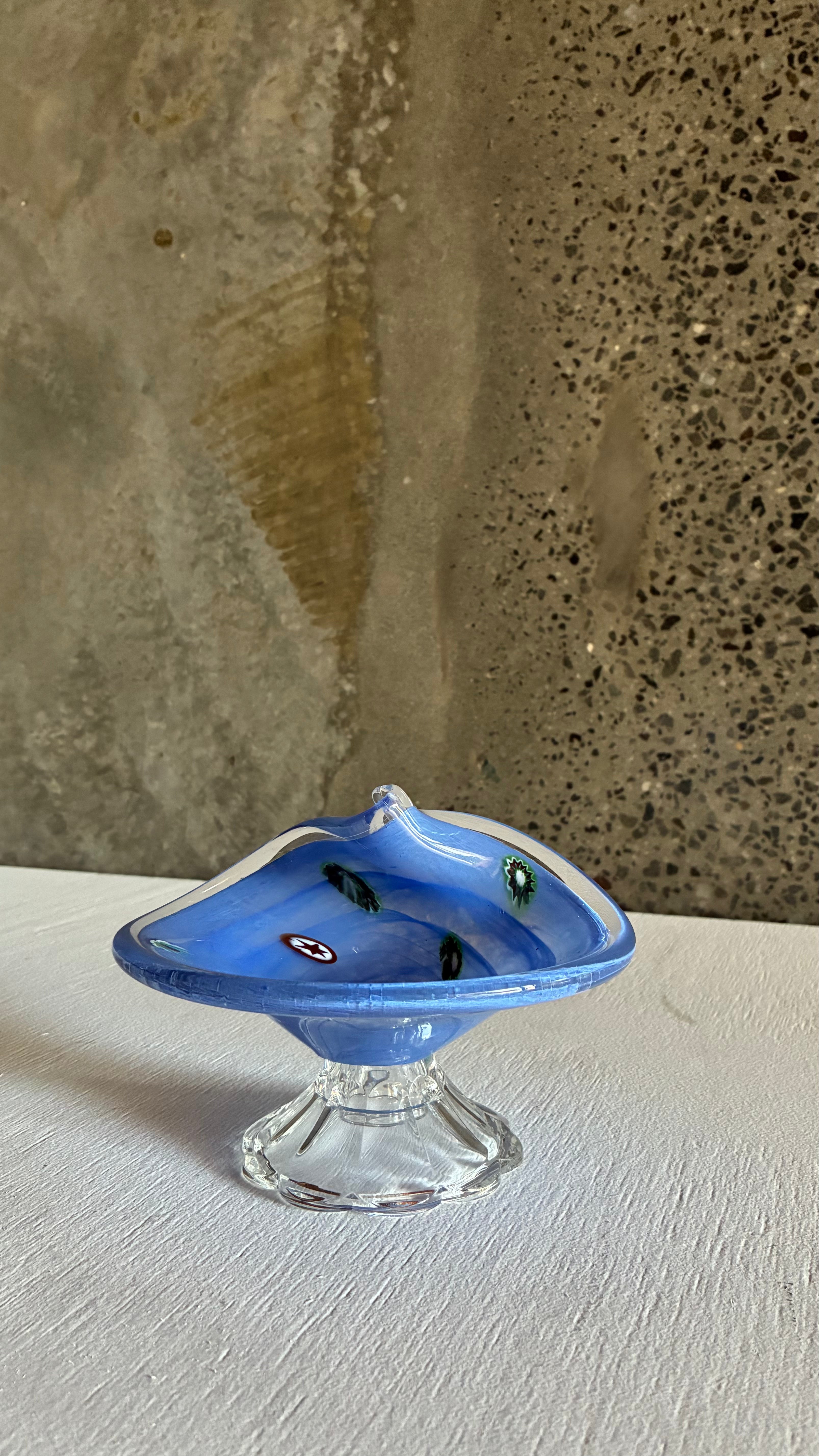 Murano Blue Glass pedestal Bowl and Fan vase