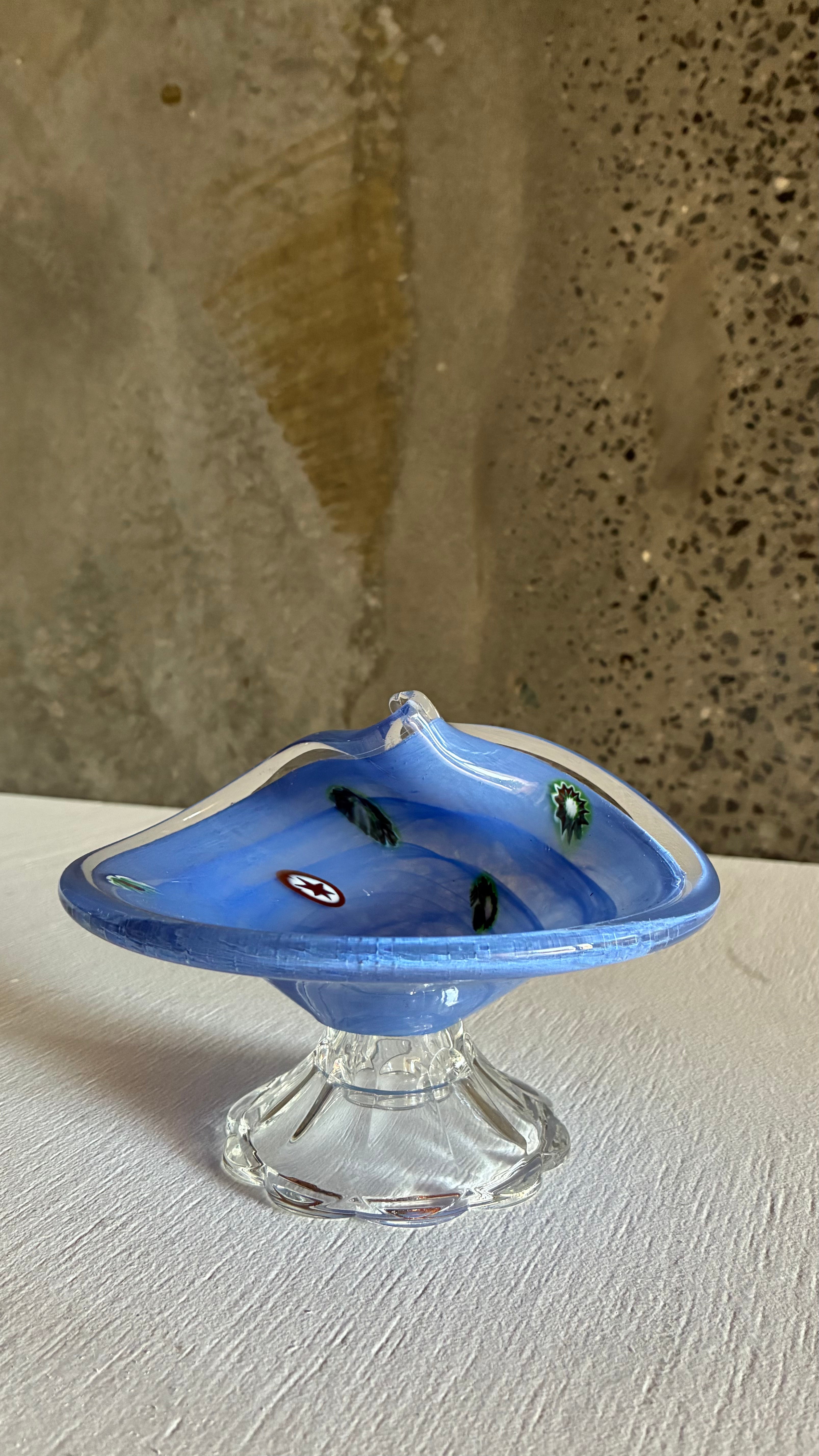 Murano Blue Glass pedestal Bowl and Fan vase